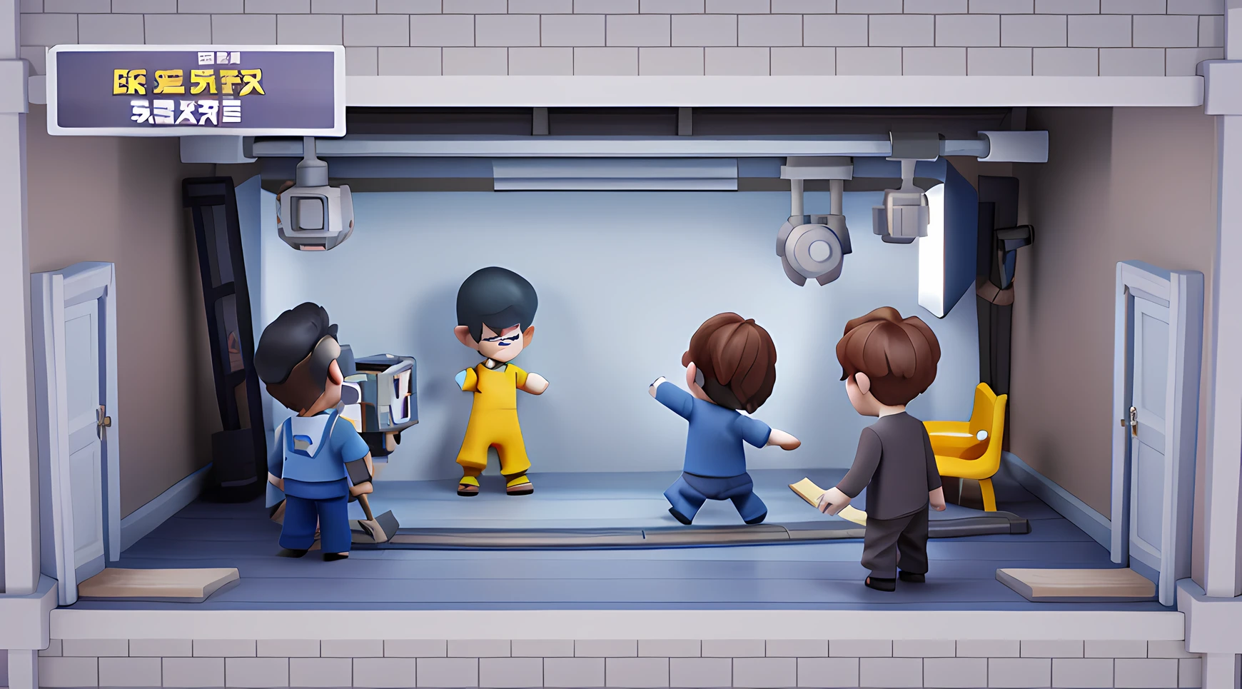Composition warm colors，Yellow lighting，The actors play against each other，In the game，The photographer on the left shoots with his back to the lens，The screenwriter on the right guides with his back to the camera，Both turned their backs to the camera、，Miniatures，C4D modeling，C4D color rendering model，A set of cartoon miniatures inside the Dome Lamp Theater，Highlights of studio lighting，Clean lines，brightly，beautiful light up，High quality tonal light、 Inside the studio， Cinematic style，scenography，the detail，chibiStyle，C4D modeling，C4D color rendering model，Sun-top lights，Studio lighting highlights，Clean lines，brightly，beautiful light up，High-purity tonal lighting，Cartoon modeling，Architecture and pixelated cartoon scene style，rendering 。.3D style，。.。.3D Pixar animation style，best qualtiy，tchibi，Western，Extremely detailed CG unity 8k，dramatics，Complicated details，Pixelate graphics，。.。.3D，Models 。.。.3D scene，Cartoony，by Pixar： 1.5 Style，first quarter，Bright,--IW 1--Q 1--S 750--AR 1:1--Niji 5---
