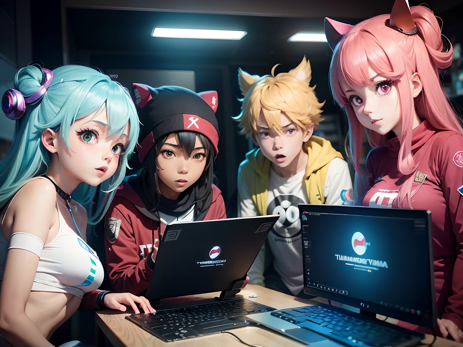 "(((anime, Turminha Online))) Two agers and two teens in front of a magician, computador futurista!"