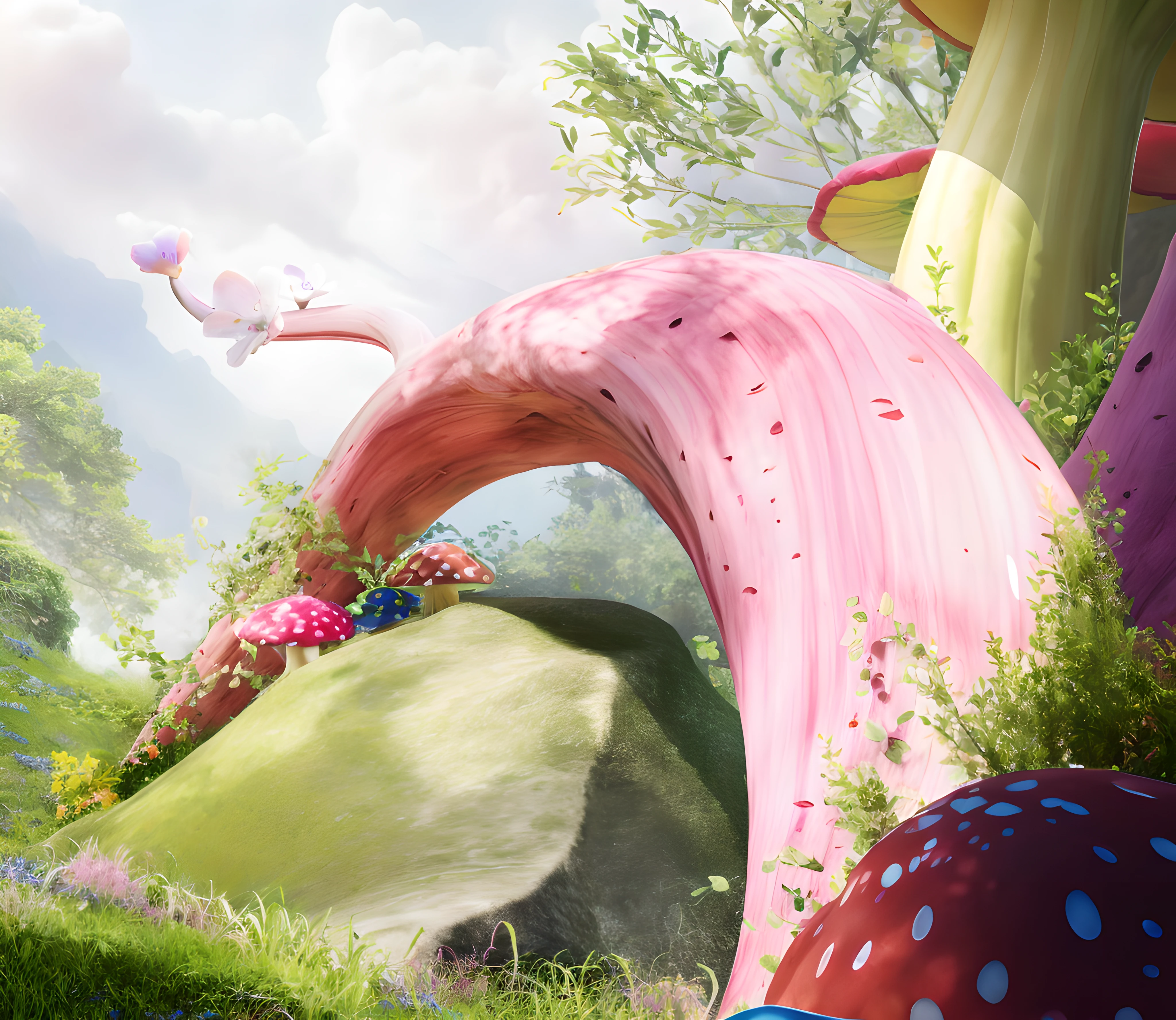 There is a cartoon picture of a mushroom house in the woods, From Alice in Wonderland, Alice in Wonderland 3D, stylized as a 3d render, Rolands Zilvinskis 3D rendering art, rendered in renderman, Global illumination. vfx, beautiful render of a fairytale, stylized 3d render, whimsical fantasy landscape art, fairy fruit. rendering by octane(High quality: 1.5), masterpiece, masterpiece, 4k quality, Dundas effect, halo, smoothness, (clear focus: 1.2), elegance, 8k, 4k sharpening, the most beautiful image, (ambient lighting), movie effect, warm and cool contrast, exquisite posters, post processing, high detail image quality, cg rendering, tracking, rich details, (high resolution), warm and calm contrast