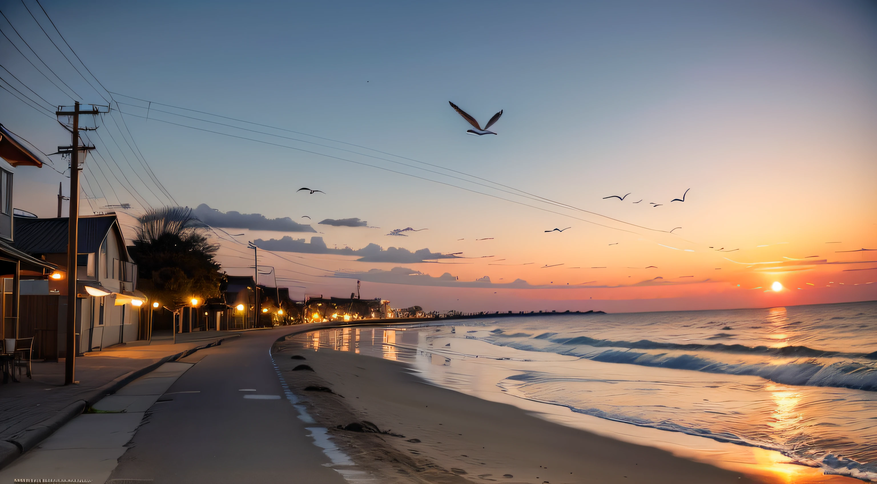 The seaside at dusk,Colorful sunset,Seagulls flying in the distance,A kitten white nearby