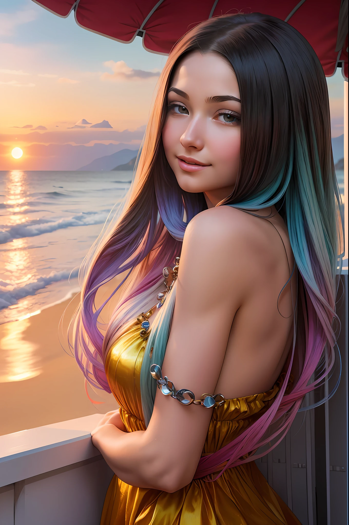 ((beste-Qualit)), ((tmasterpiece)), ((Realistic)), Ultra-detailed, young Tara Reed, Twintails Medium Length Hairstyle, Evening paradise beach, excitement, aesthetics, Camilfo, Perfect colorful gradient, стиль Alfons-Mucha, —q 4 —s 750