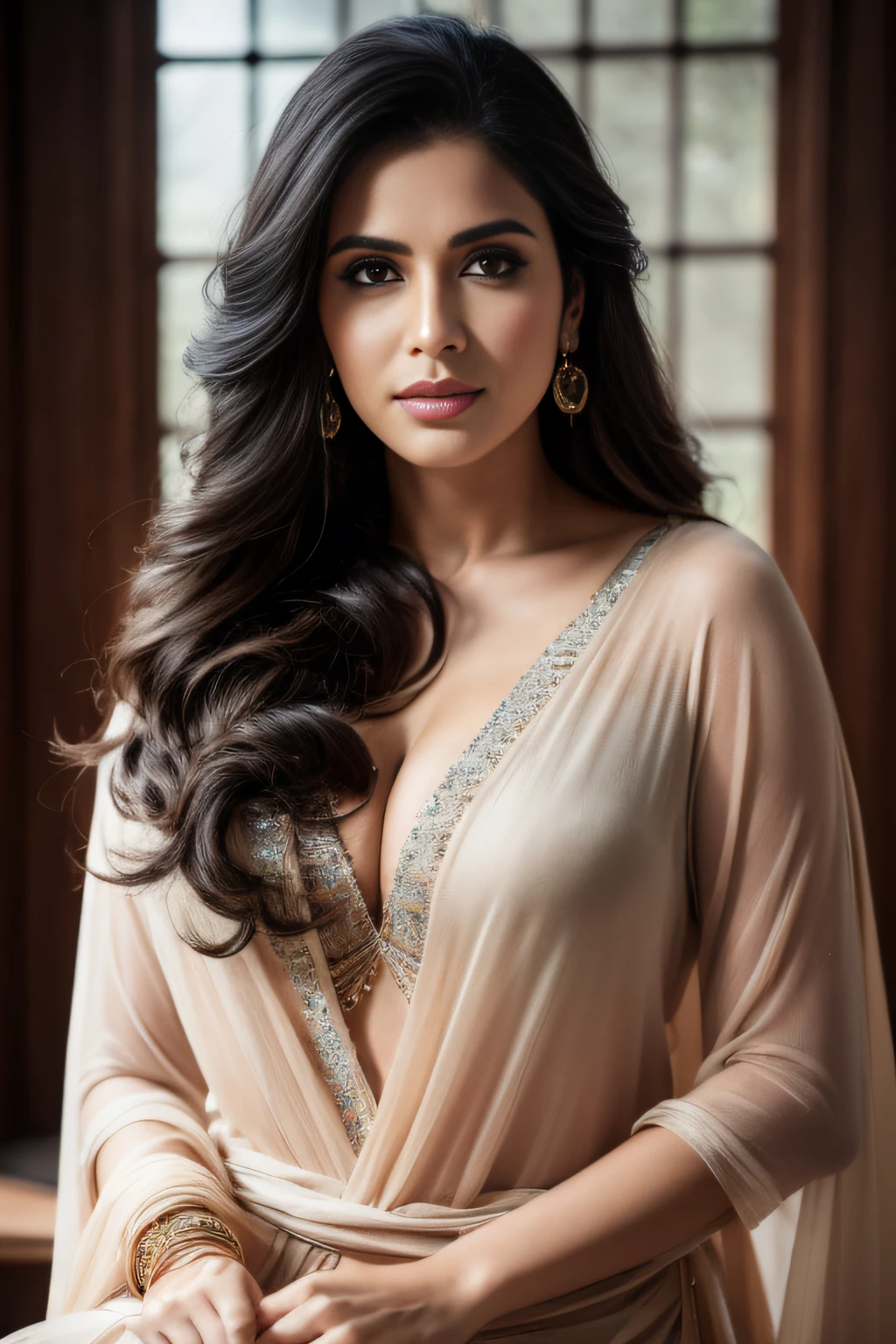 Nude Portrait of A confident-looking Indian woman with long flowing hair, hazel eyes, with flowing capes, sitting in the studio, with perfect composition, hyperrealistic, super detailed, 8k, high quality, trending art, trending on artstation, sharp focus, studio photo, intricate details, highly detailed, art by greg rutkowski