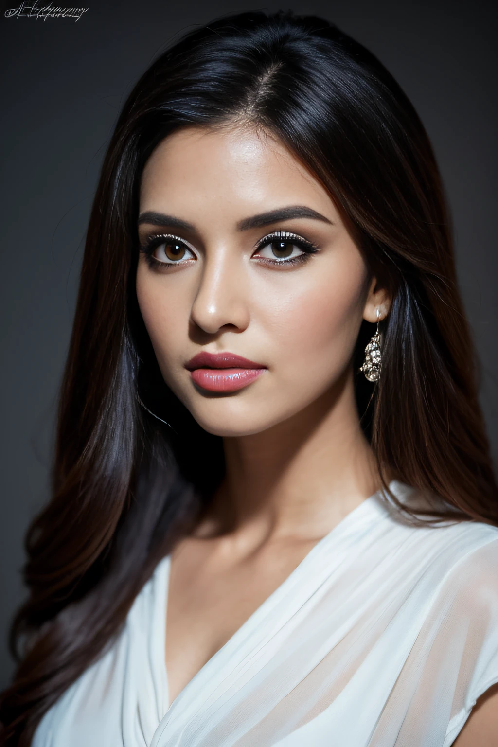 Portrait of A confident-looking Indian woman with long flowing hair, hazel eyes, with flowing capes, sitting in the studio, with perfect composition, hyperrealistic, super detailed, 8k, high quality, trending art, trending on artstation, sharp focus, studio photo, intricate details, highly detailed, art by greg rutkowski