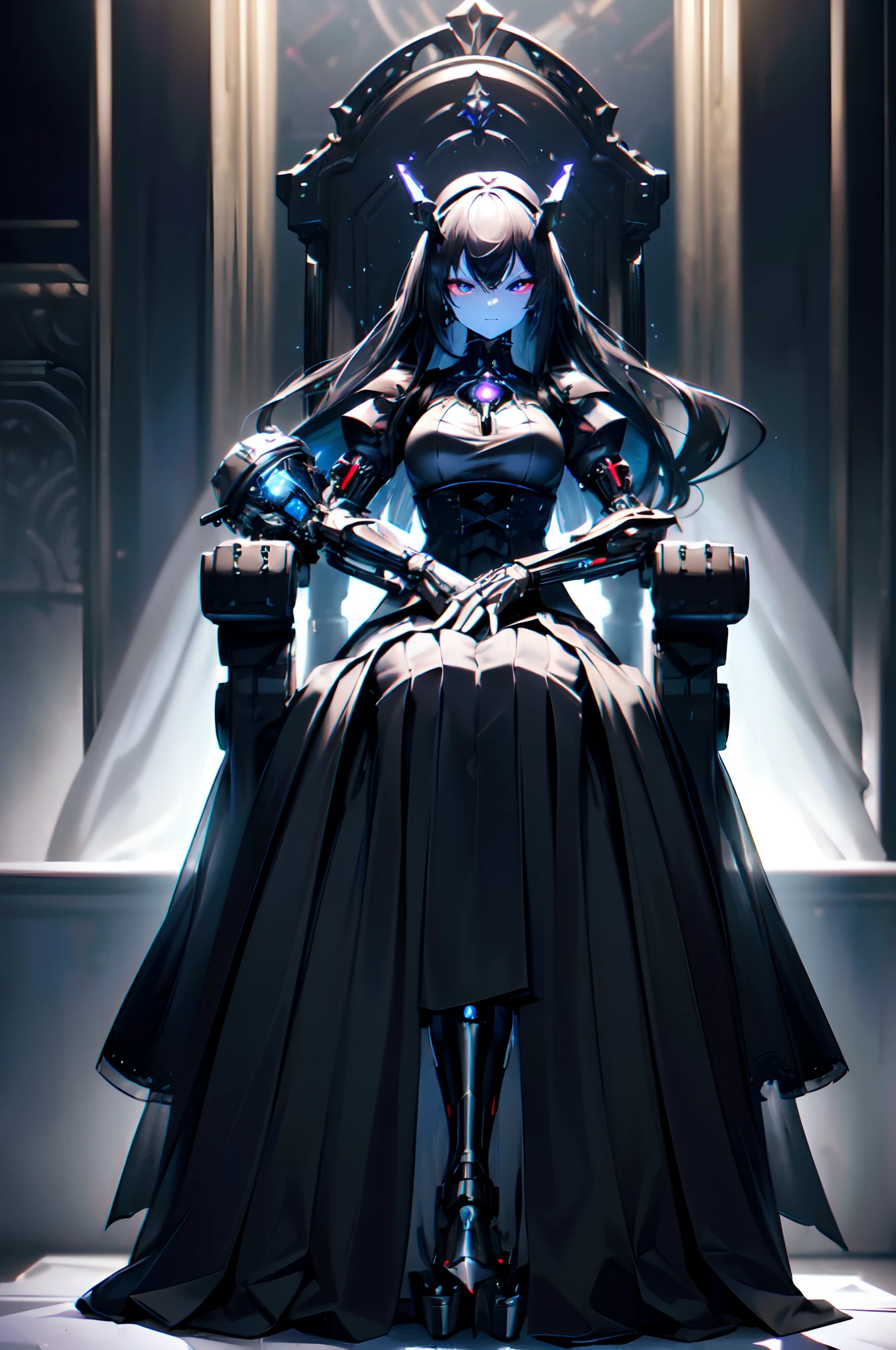 machine skin girl, black long hair, (ｍasterpiece eyes), (Exposure of the body's internal machinery:1.3), (Mechanical joints, machanical limbs), (five fingers, 4fingers and 1thumb), sitting, crossed_legs, smirk, (throne), (solo:1.5),(Mechanical baroque armor for the upper body only:1.2), (Sharp-angled headgear on both sides of the head:1.2), (Cybernetic long skirt gothic dress:1.4), (full body:1.5), cyber world, Masterpiece, best quality, captures a super cute moment, depth of field, ultra detailed, ultra high resolution, C4D, Octadale, 3D modeling, 8k, 16k,