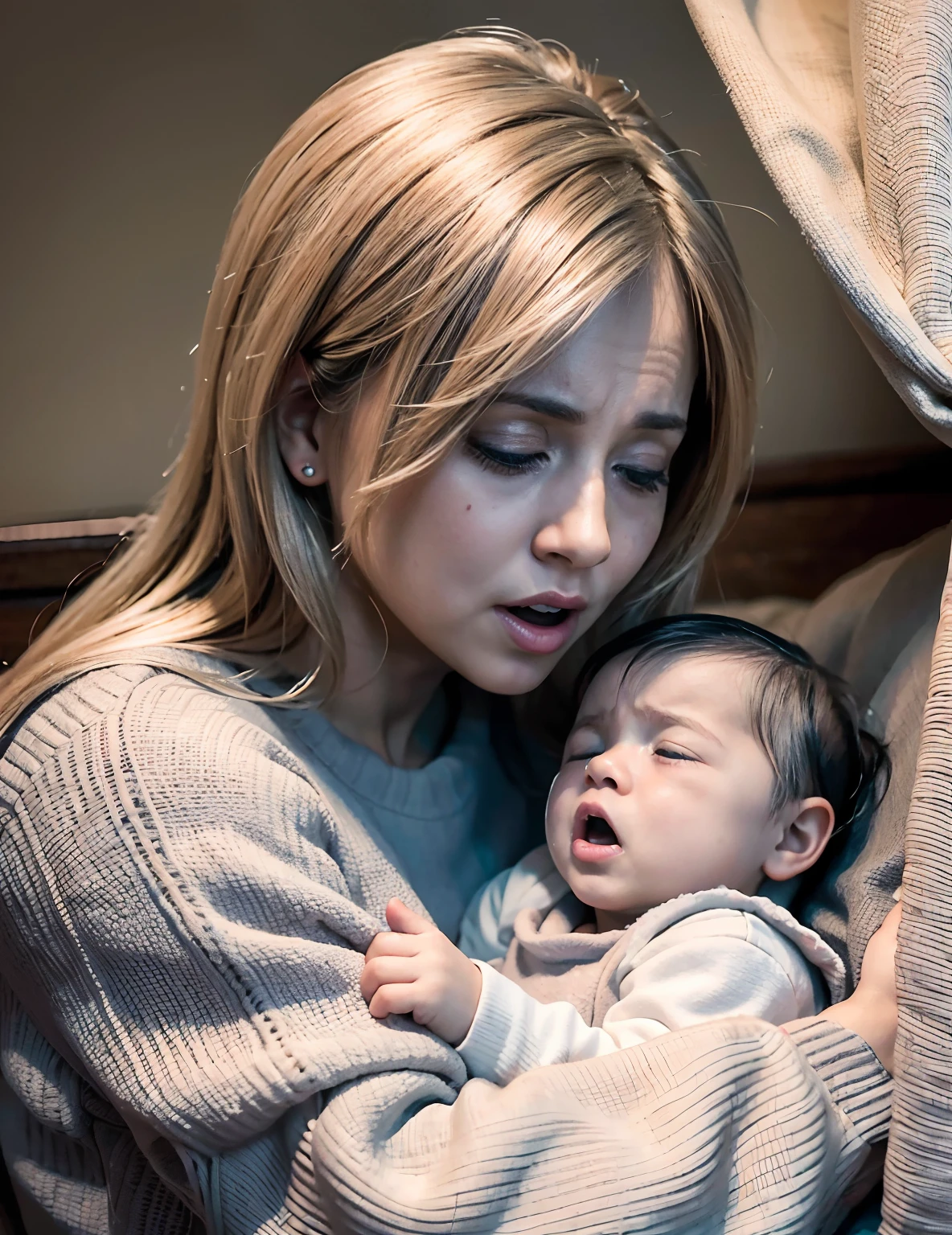 /Imaginar (("Imagens realistas")), melhor qualidade, fotografia estilo vida, Mother and , cena tocante e emocionante, a crying babythe lap of the mother who looks worried, a comfortable and cozy bed, Soft lighting and Warm, Clima calmo.