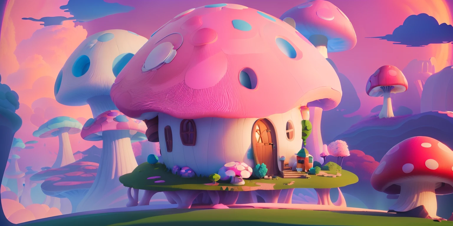 Small house with a mushroom roof, mushroom house, stylized as a 3d render, stylized 3d render, Stylized concept art, houses in the shape of mushrooms, 3 d render stylized, Mushroom hut in the background, in a candy land style house, mushroom,Pink and white color scheme,Clouds,