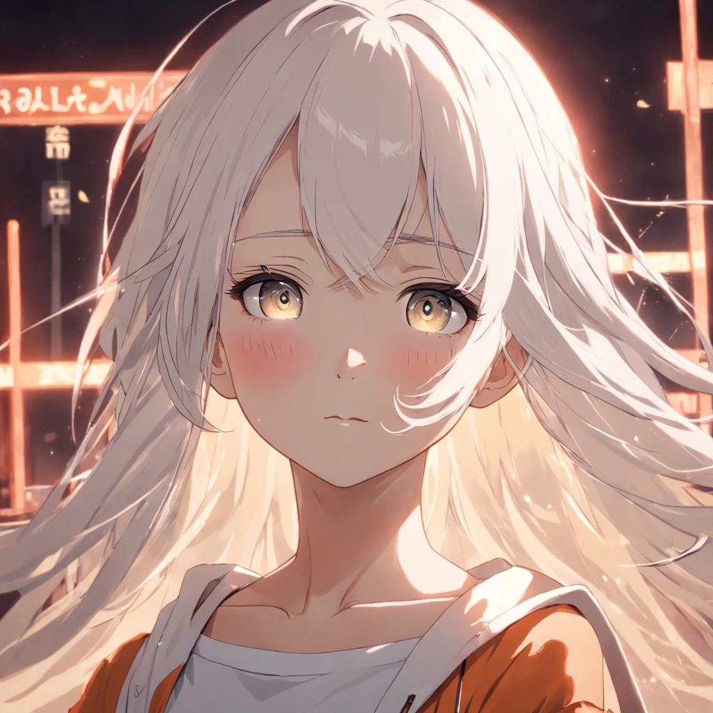 Female，Age 15 years old Junior high school student Positive image Light color to light skin tone，White hair，There is a noticeable flush on the face，Some shyness，The upper body is exposed，The chest is very large，Cassette is visible，Only wearing a bra