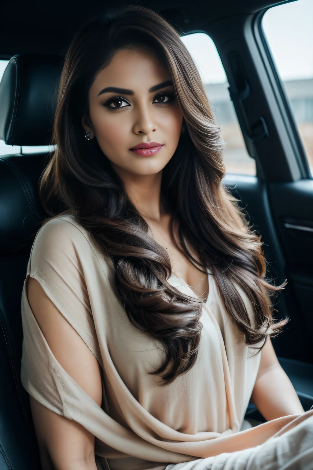 Nude Portrait of A confident-looking Indian woman with long flowing hair, hazel eyes, with flowing capes, sitting in the car, with perfect composition, hyperrealistic, super detailed, 8k, high quality, trending art, trending on artstation, sharp focus, studio photo, intricate details, highly detailed, art by greg rutkowski