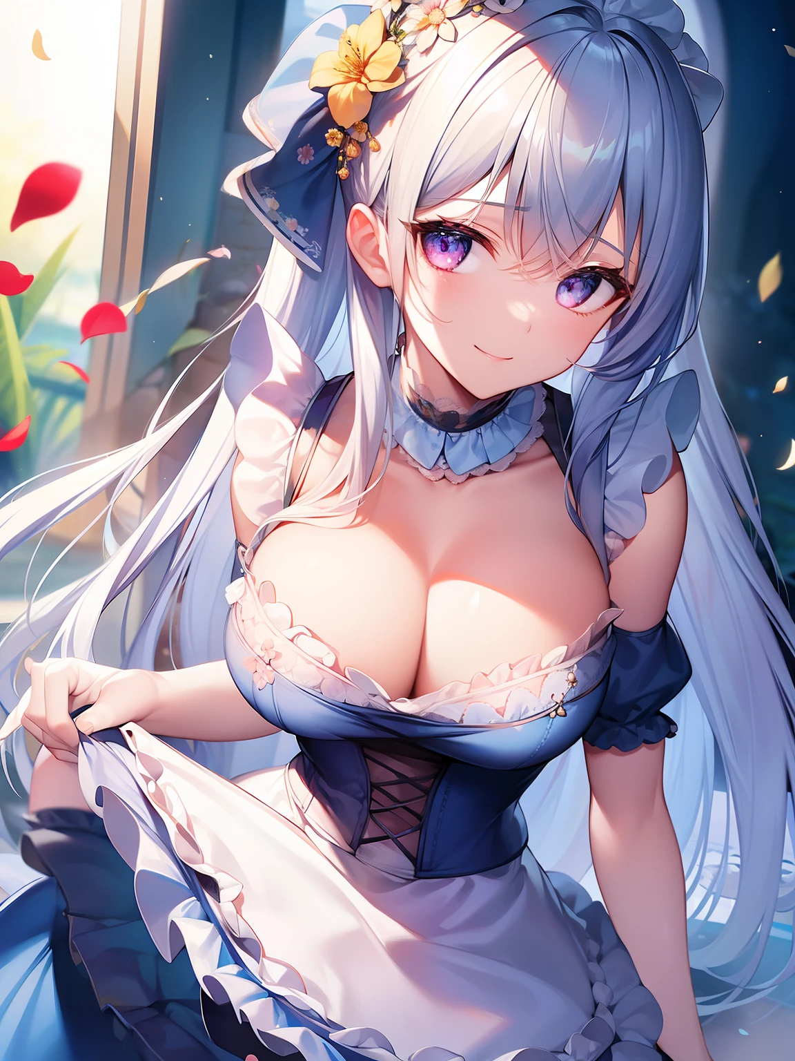 The eyes are big and double and cute.、eyes gentle、a smile、Very beautiful colorful petals in the background