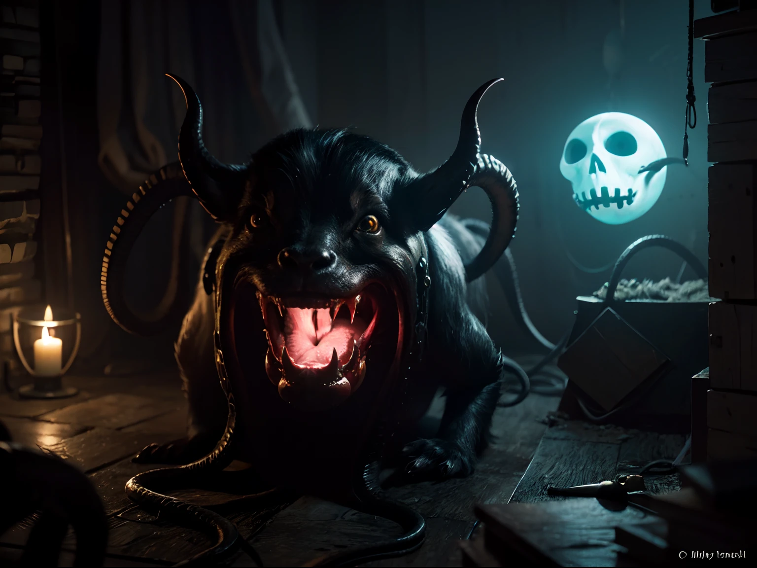 An evil creature,Mother of the Black Goat,Spooky Eldridge Tentacles Universe Out of This World Ancient Times Cthulhu Monster Surrealism Haunted Mysterious Lovecraft Style Complex Phantom Scary Abyss