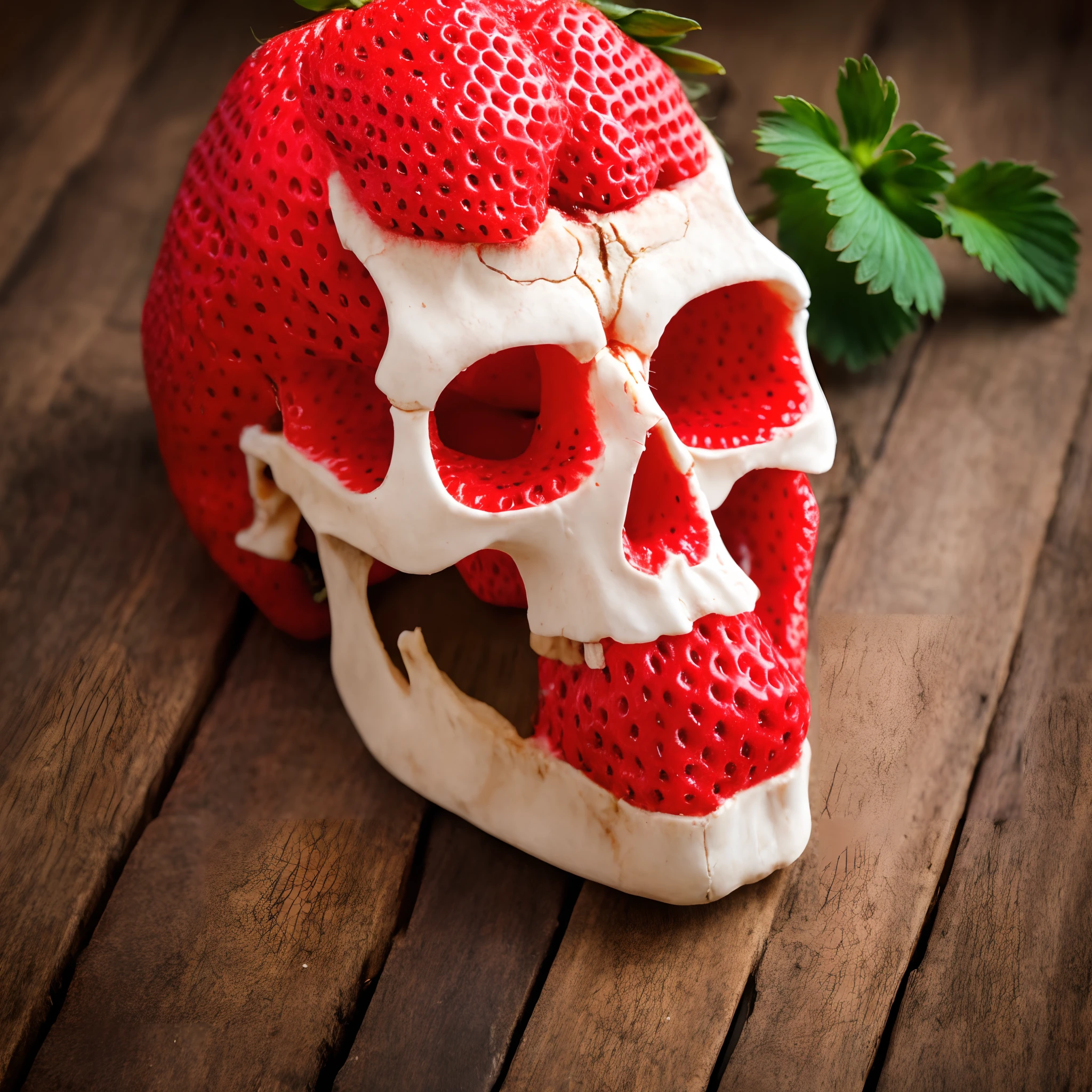 A human skull completely made of strawberry. Teeth are made of strawberry. Eye socket have strawberry texture inside.