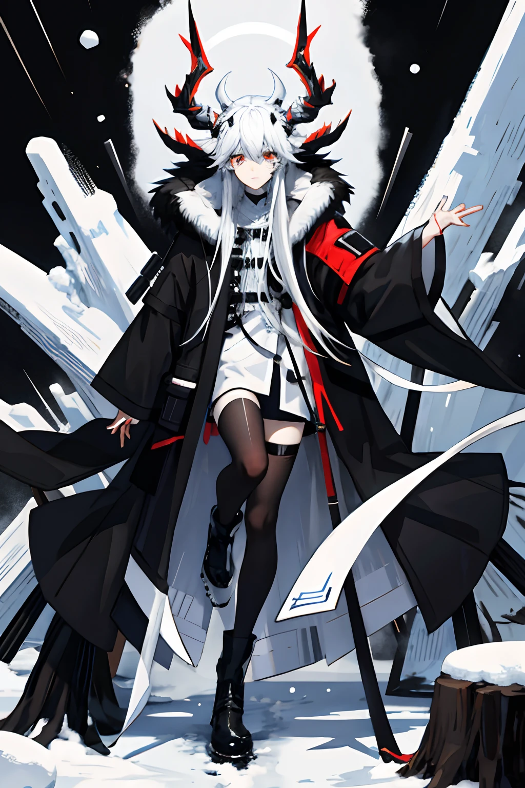 Lapland from Arknights by 幻象黑兔, Full body, long black messy hair, Crazy look, White eyes, Wearing a coat with buttons on one side, Professional artwork, High contrast, clean detailed anime style, cold light, Snow