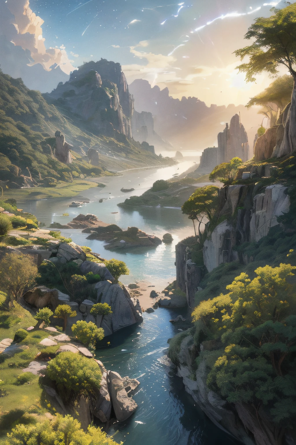 Illustration of a hyperrealistic , otherworldly, ultrasky scene featuring a giant crystal tree full body,very detailed and magical lighting, intricate forest details, vegetation and river around, solarpunk ,landscape, giant tree, beatifull leafy with beautiful lighting and realistic proportions, as if it were a cinematic background, 8k, highest quality, masterpiece, clouds and stars in the sky.