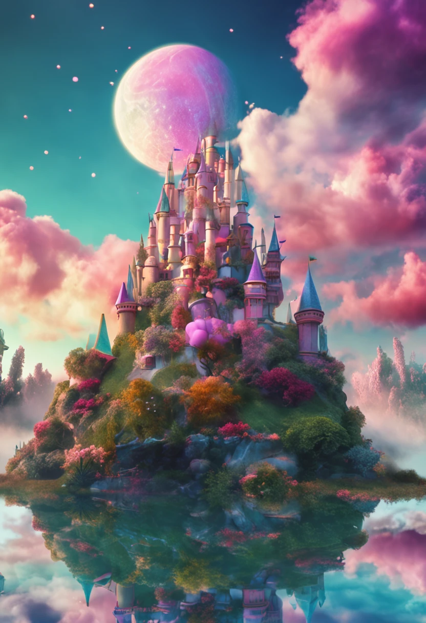 castle on the cloud, multi colors cuttoncandy cloud, in fairyland, dreamy and romantic, dreamy atmosphere and drama, very magical and dreamy, dreamy scenes, on cloud, Heaven, in the clouds fairyland, magical dream-like atmosphere, Dreamy and ethereal, still from a music video