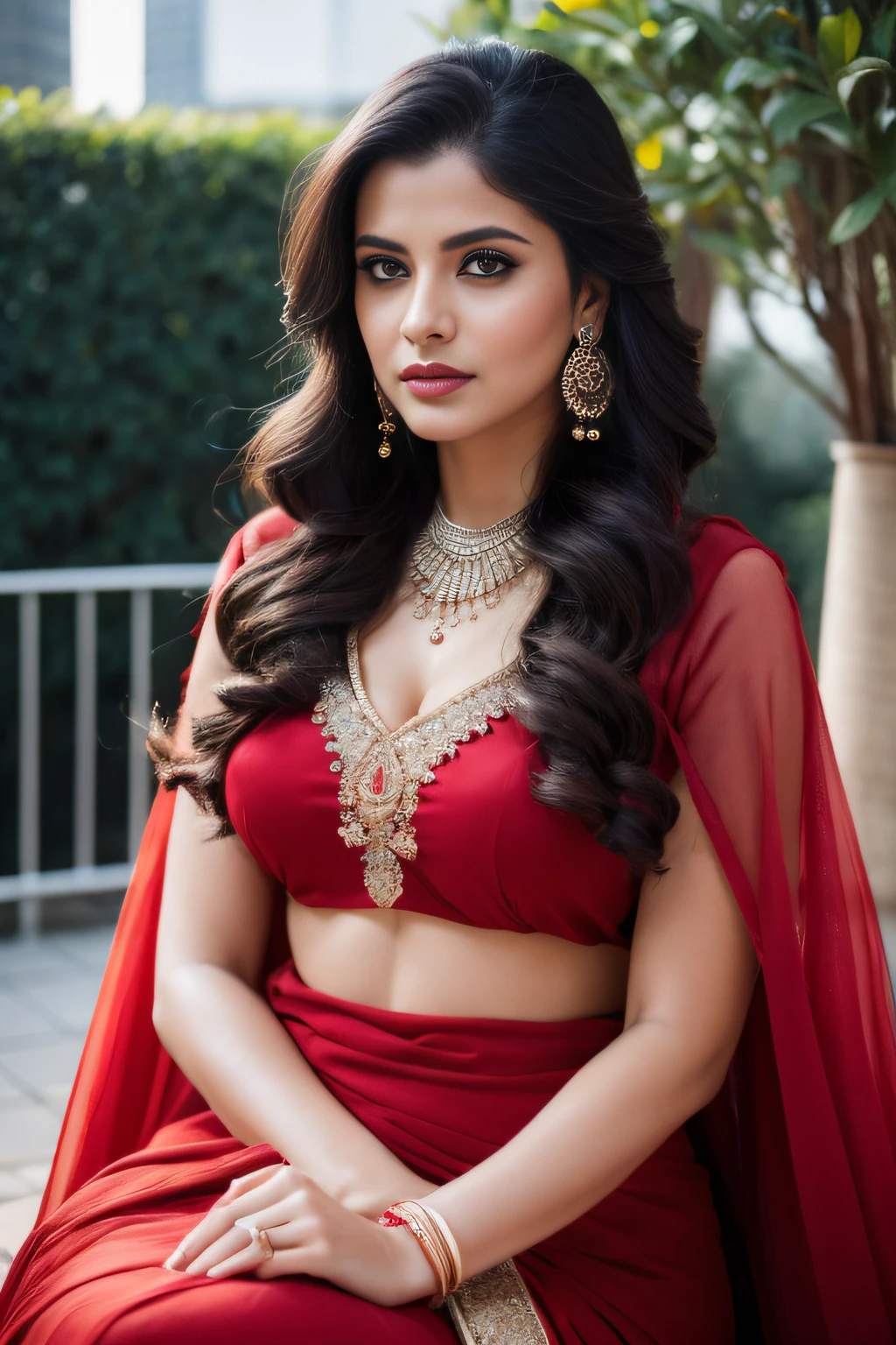 Portrait of A confident-looking Indian woman with long flowing hair, hazel eyes, with flowing capes, sitting in the park, wearing red saree, city streets background, bokeh, with perfect composition, hyperrealistic, super detailed, 8k, high quality, trending art, trending on artstation, sharp focus, studio photo, intricate details, highly detailed, art by greg rutkowski