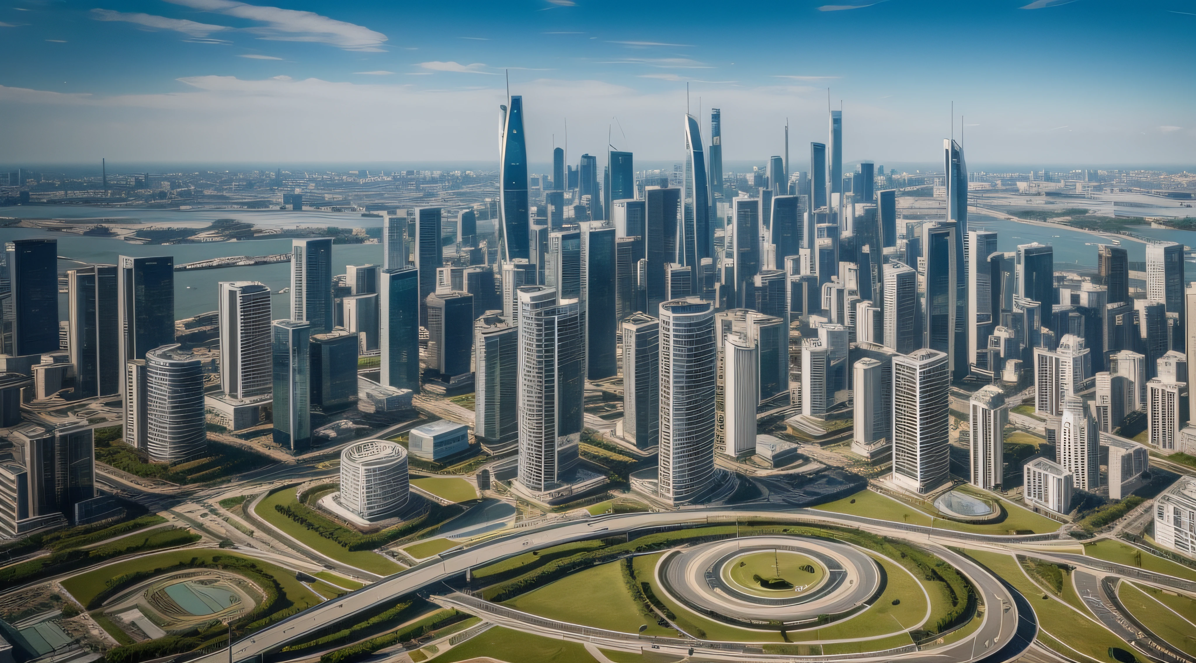 A cityscape with many high-rise buildings in the sky，Cidade futuristica，sci fi city，Enrich the cityscape，Passing cars，airships，The ground is full of vehicles，Pedestrians and flowers and trees，full of life，Future dream city