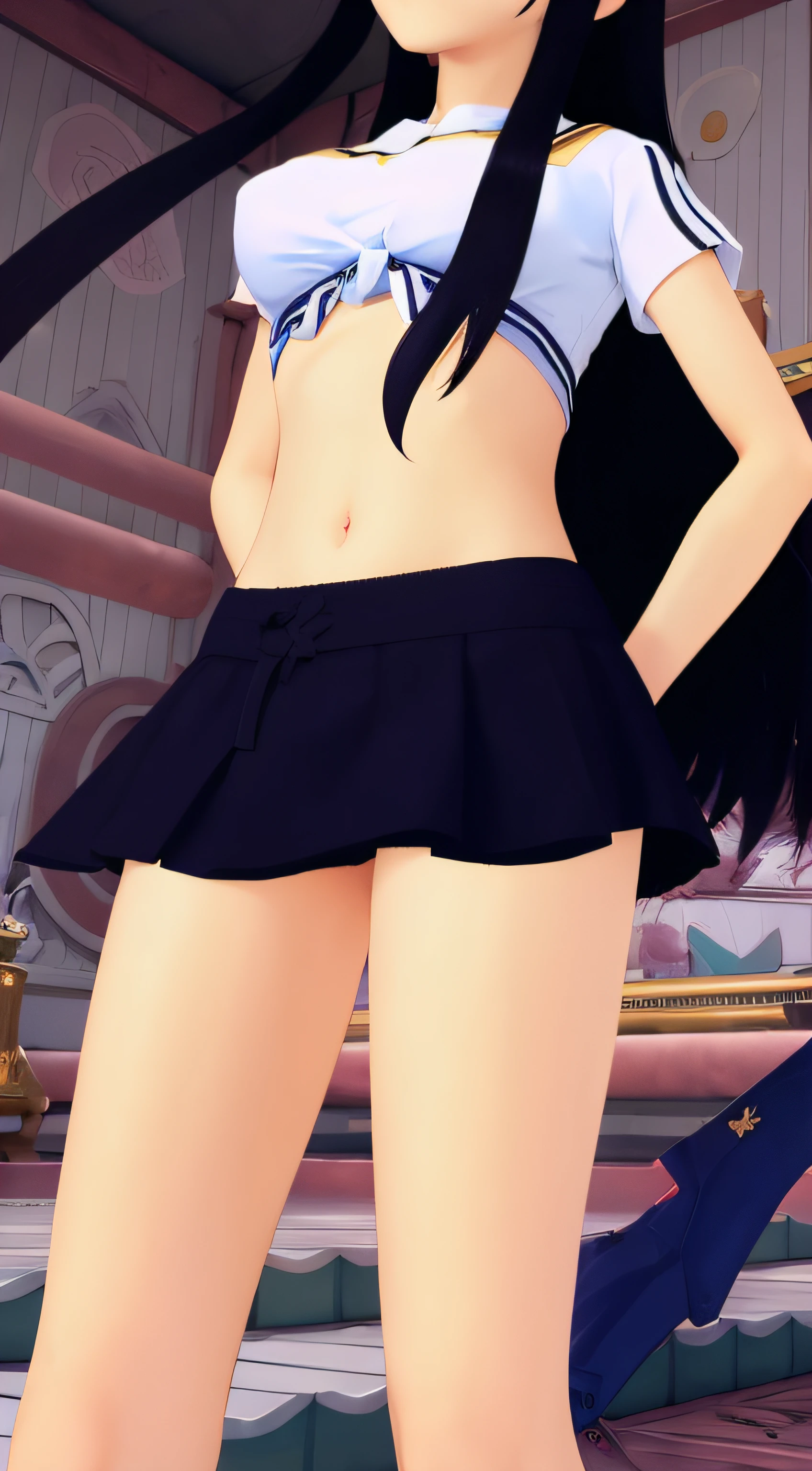 Garota anime na roupa do marinheiro posando em um banheiro com uma espada, Estilo de pista Azur, Do videogame Azur Lane, usando saia, close up tiro de meio corpo, corpo inferior close up, Close-up de corpo inteiro, Nico Robin, magical school student uniform, wearing honey - themed miniskirt, Uniforme de marinheiro, small curvy loli, magic school uniform