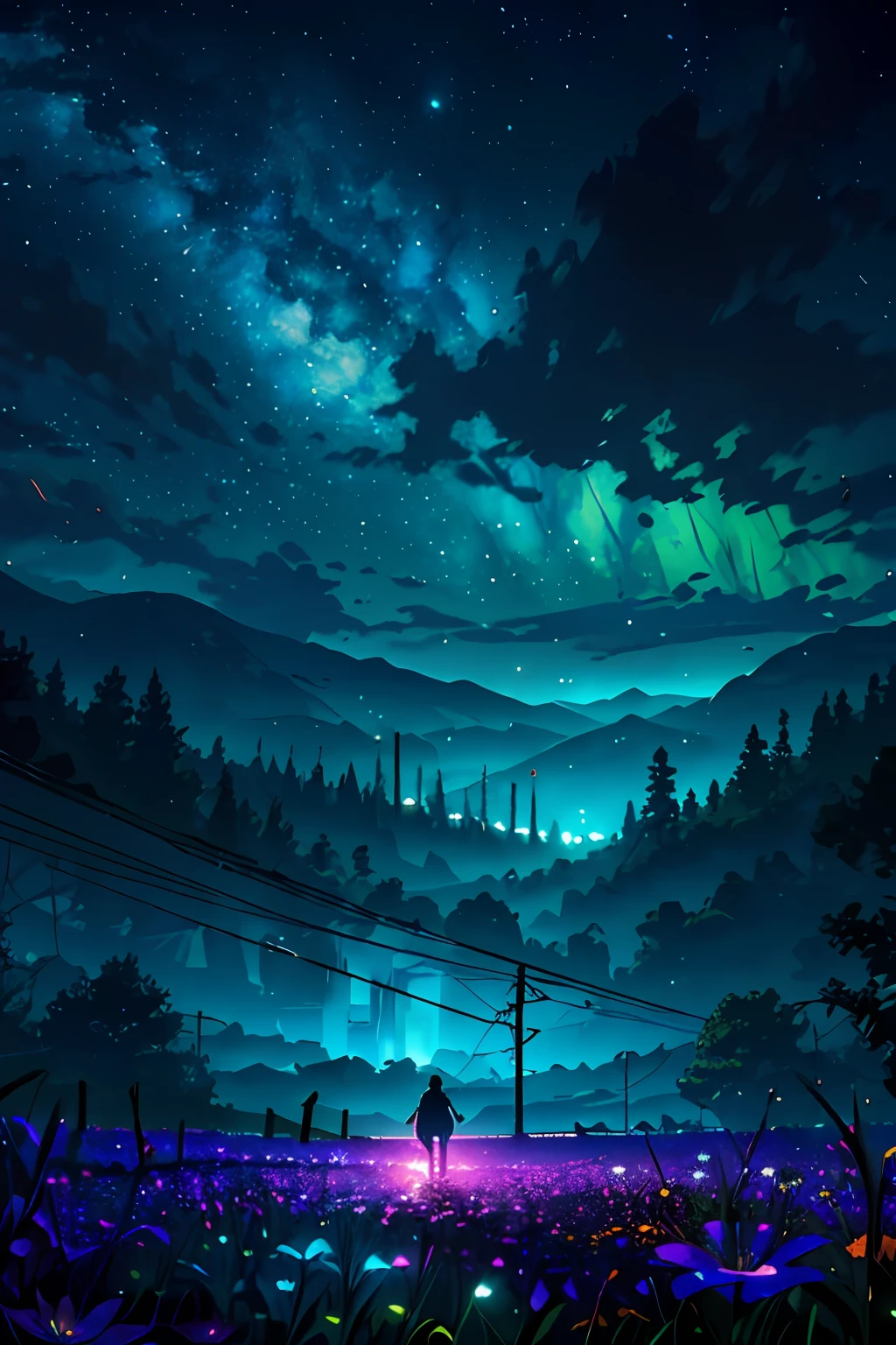 Wide-angle landscape photos, (look from down, The sky is above, The vacant lots are as follows), (A girl standing on a flower field looking up), (full moon: 1.2), (meteors: 0.9), (Starcloud: 1.3), Distant mountains , Green trees,artisanal art, (Warm light: 1.2), (Firefly: 1.2), lamp lights, Lots of purple and orange, Intricate details, Volumetric lighting BREAK (Masterpiece: 1.2), (Best quality), 4K, Ultra detailed, (Dynamic composition: 1.4), Rich in detail and color, (Irridescent color: 1.2), (Glow, Atmospheric lighting), Dreamy, magical, (Solo: 1.2)