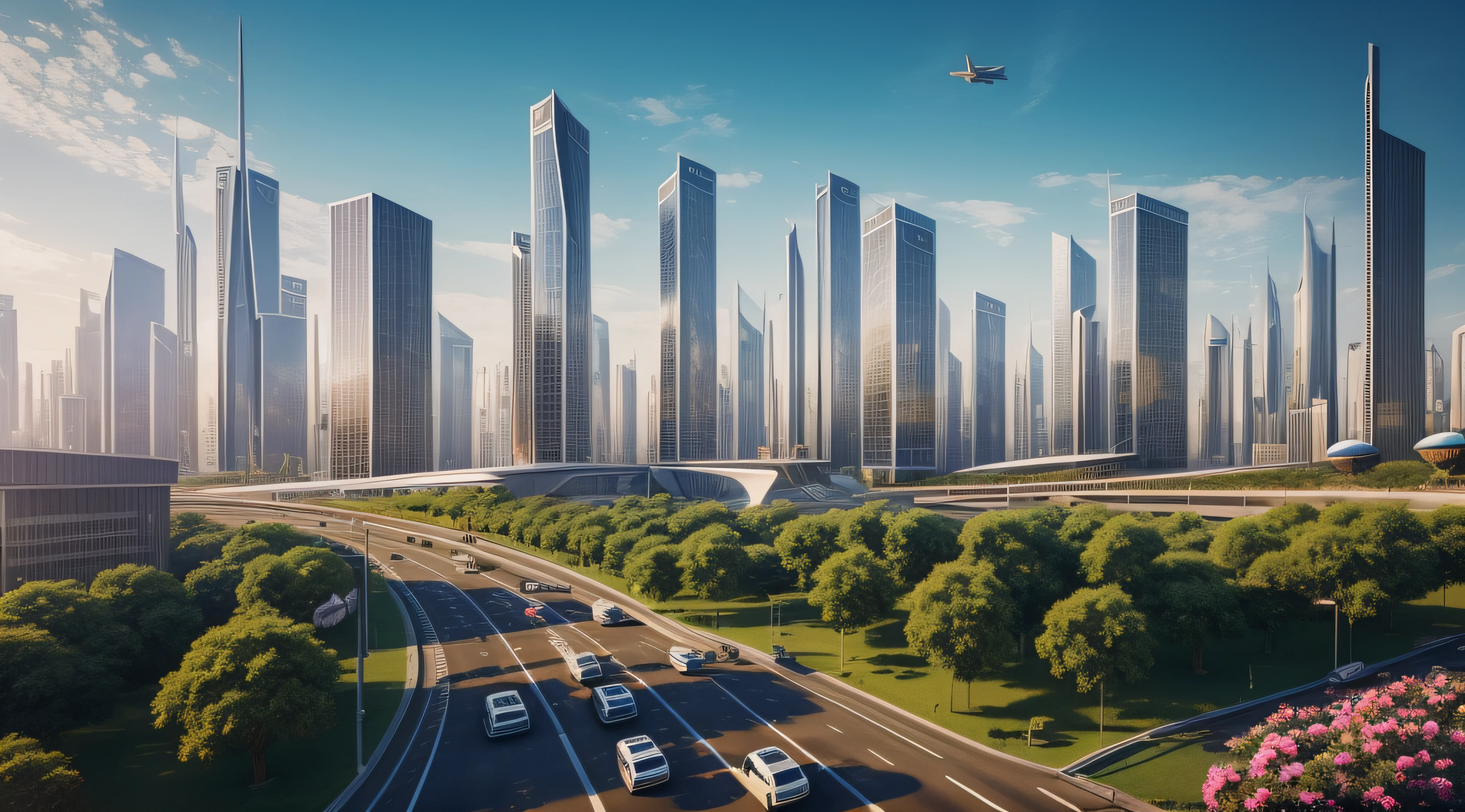 A cityscape with many high-rise buildings in the sky,Cidade futuristica,sci fi city,Enrich the cityscape,Passing cars,airships,The ground is full of vehicles,Pedestrians and flowers and trees,full of life,Future dream city