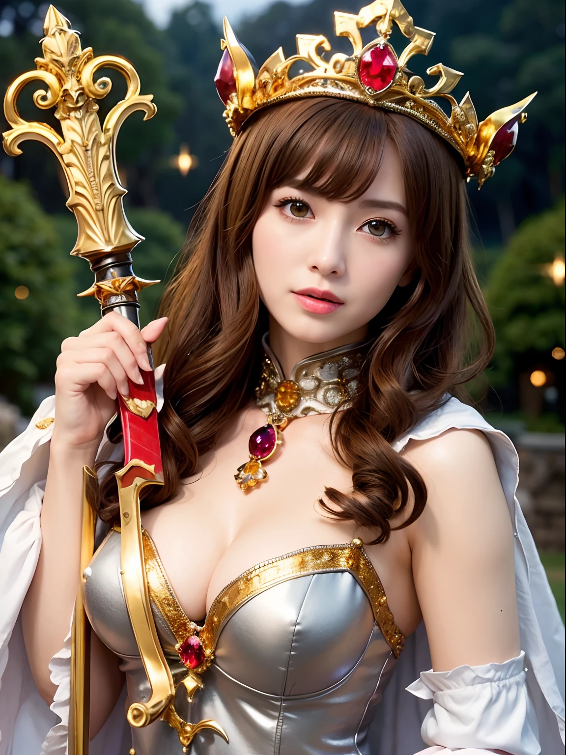 Professional , masterpiece、top-quality、photos realistic , depth of fields (Gemstone Silver Metal Body:1.9),(Matte Silver、Jewel Gold Weapon、(Gorgeous castle background)、(Jewel Metal Body:1.4),(Gorgeous Jewel Metal Weapons) , (Hold the hero's detailed sword) ,(,close-up,dream magical,tornado ) ,warhammer 40k , adepta sororitas,Detail and ornate jewel crown、Brown hair、(Gangle's forest background)、1a person、dynamic ungle,(((Diamond tiara with detail and luxury)))、a small face、A smile、Powerful poses、(Gorgeous castle background)、huge filesize、20 year old beautiful woman、Stand in the center of the screen、Thin female fingers、Straight long hair、Beautiful Caucasian beauty、Mystical expression、Lightly open your mouth、,Luminescent particles,light scattering,Tindall Effect、cleavage of the breast、