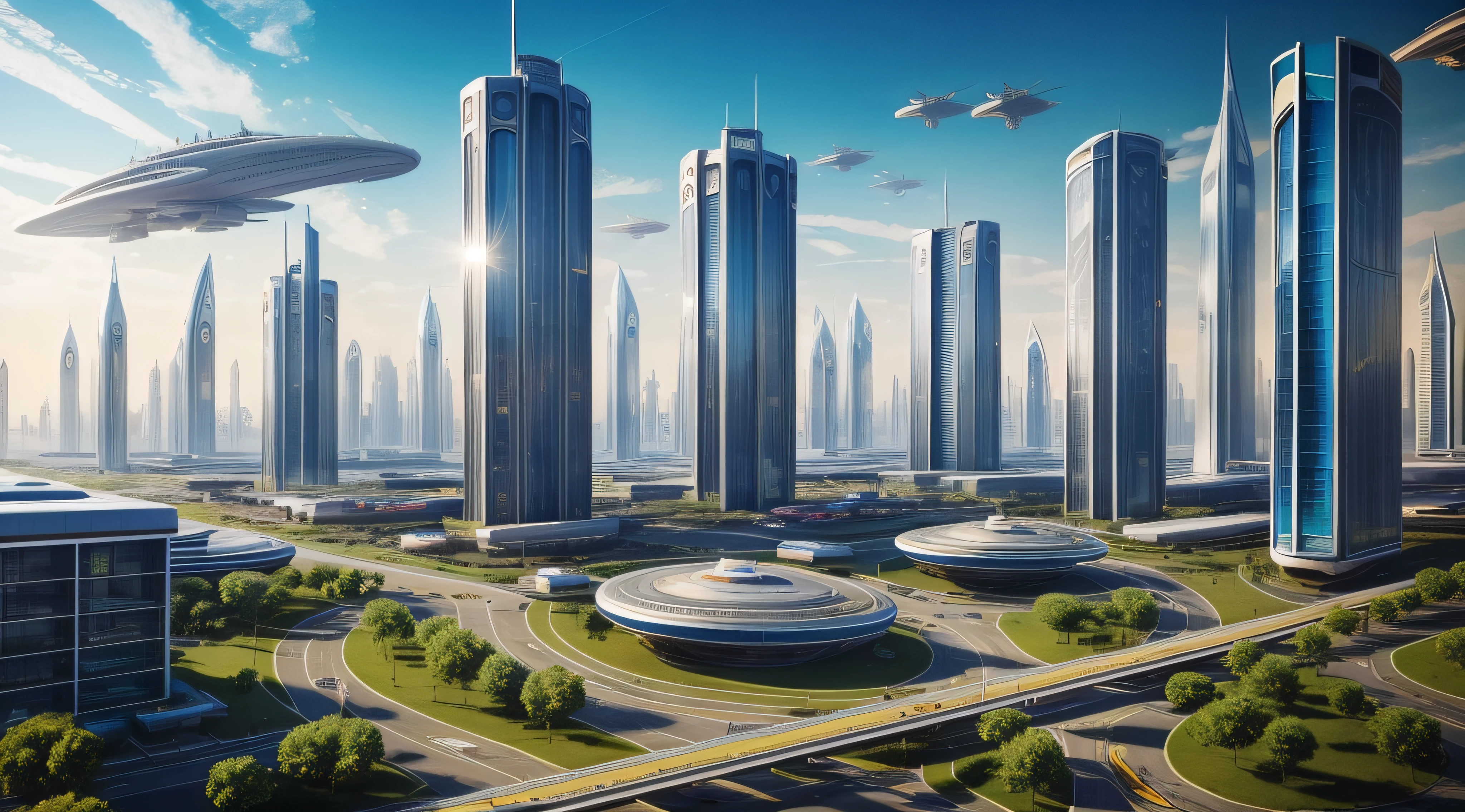 A towering city of the future，sci fi city，The sky is full of densely packed airships，The ground is full of flowers and trees，full of life，A car that can fly in the sky，Come and go，A busy scene，The city of the future，sci fi city，Utopian city，High-tech megacity