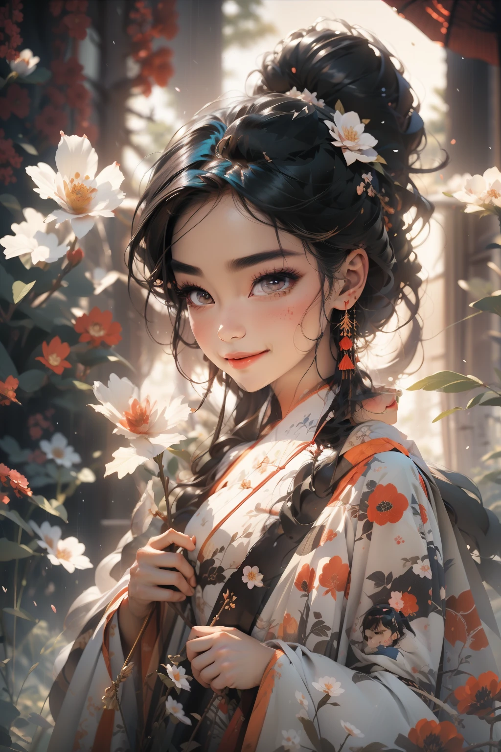 A Chinese woman who looks feminine and pampered,Movie Angle,( cute female child,Anatomically correct,full bodyesbian,Masterpiece camellia,Representative work Hanfu,Smile),(illustration,paper art,a 3D render),(Extremely colorful, Best quality, high detal, Masterpiece, Cinematic lighting, 4K, Chiaroscuro),Ancient wind,Kizi,Ink fairy,delicated,Light brown eyes,cabelos preto e longos,High ponytail,pigtails,Wings,Extreme light and shadow,Hanfu,palaces,Light,8k wallpaper,Master painting,petals,lakes,bow and arrows,grin,Black eyes
