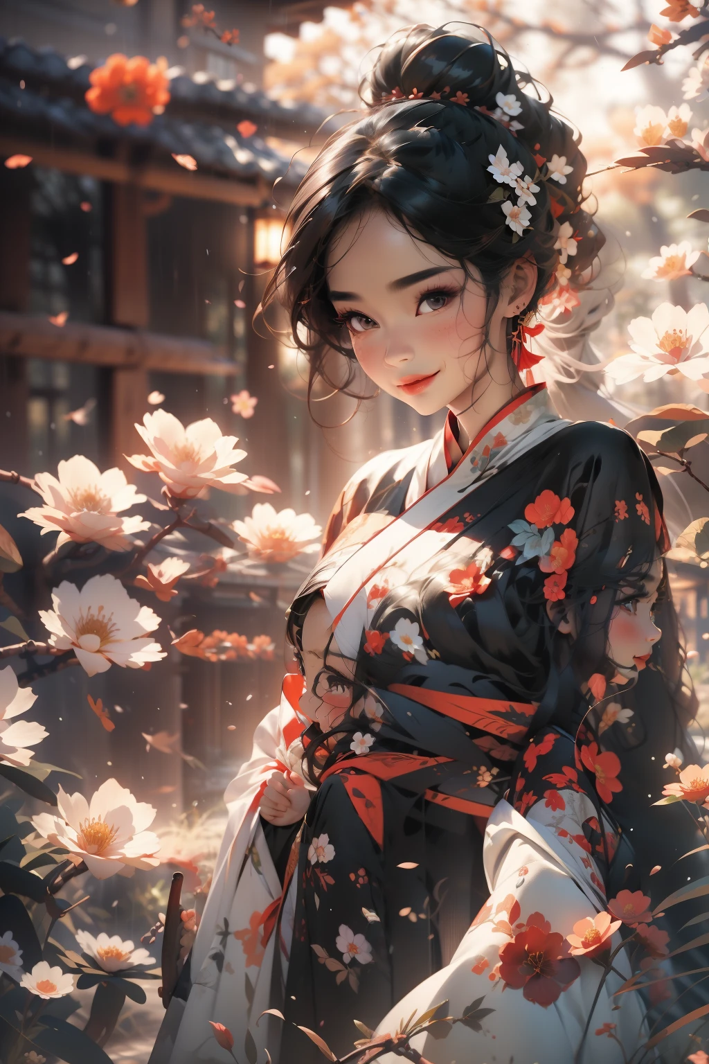 A Chinese woman who looks feminine and pampered，Movie Angle,( cute female child,Anatomically correct,full bodyesbian,Masterpiece camellia,Representative work Hanfu,Smile),(illustration,paper art,a 3D render),(Extremely colorful, Best quality, high detal, Masterpiece, Cinematic lighting, 4K, Chiaroscuro)，Ancient wind，Kizi，Ink fairy，delicated，Light brown eyes，cabelos preto e longos，High ponytail，pigtails，Wings，Extreme light and shadow，Hanfu，palaces，Light，8k wallpaper，Master painting，petals，lakes，bow and arrows，grin，Black eyes