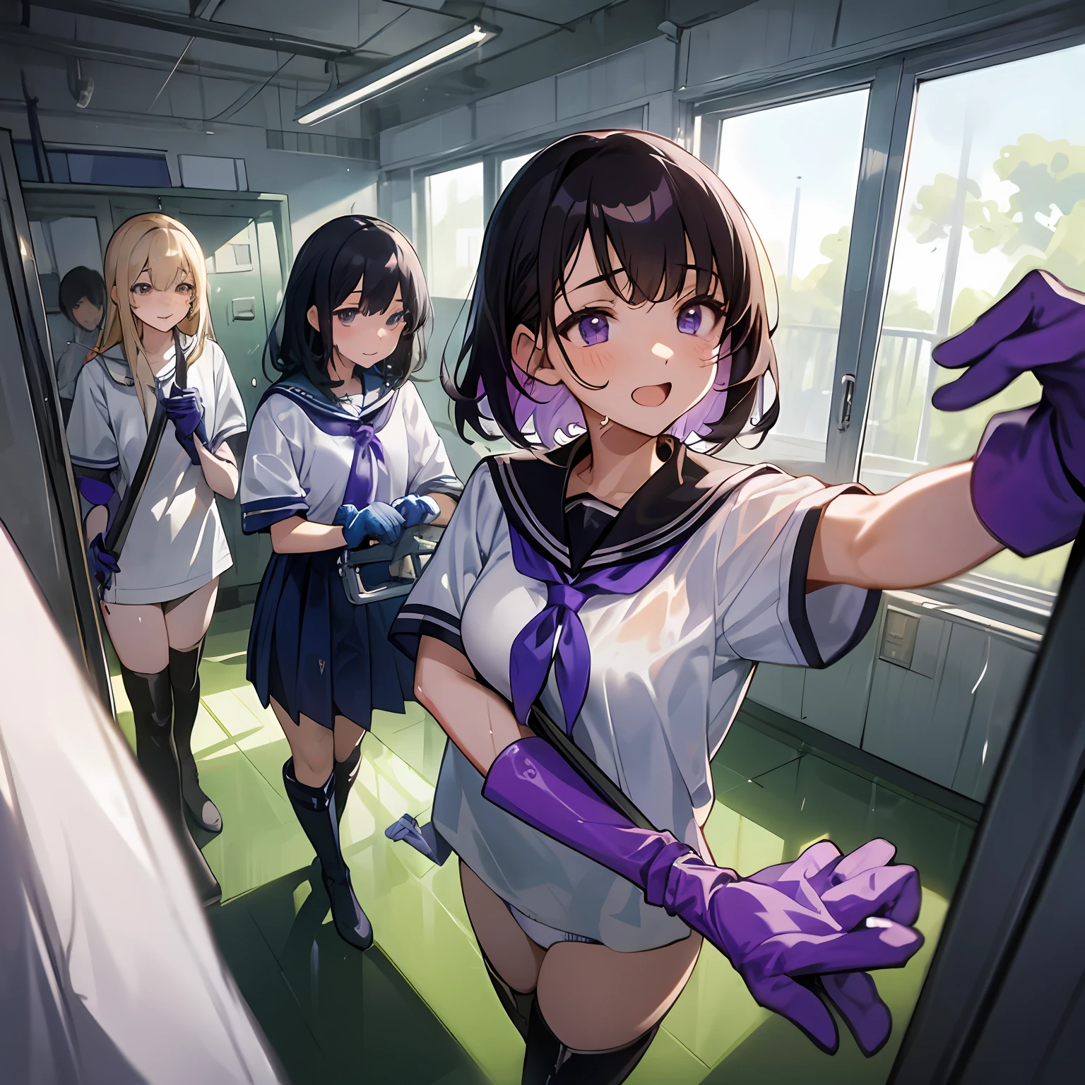 (masuter piece、hightquality)、multipel Girls、hi-school girl、Locker room in the gymnasium、(white panties)、white t-shirts、(Group Selfies)、Dark hair、Enamel gloves、Purple enamel gloves、Purple enamel gloves、long rubber gloves in purple color,,,、Glossy purple gloves、whole body soaked、long boots、boot、Nasty face、Bully、cleaning、Gloves are sticky、Getting wet with white liquid、