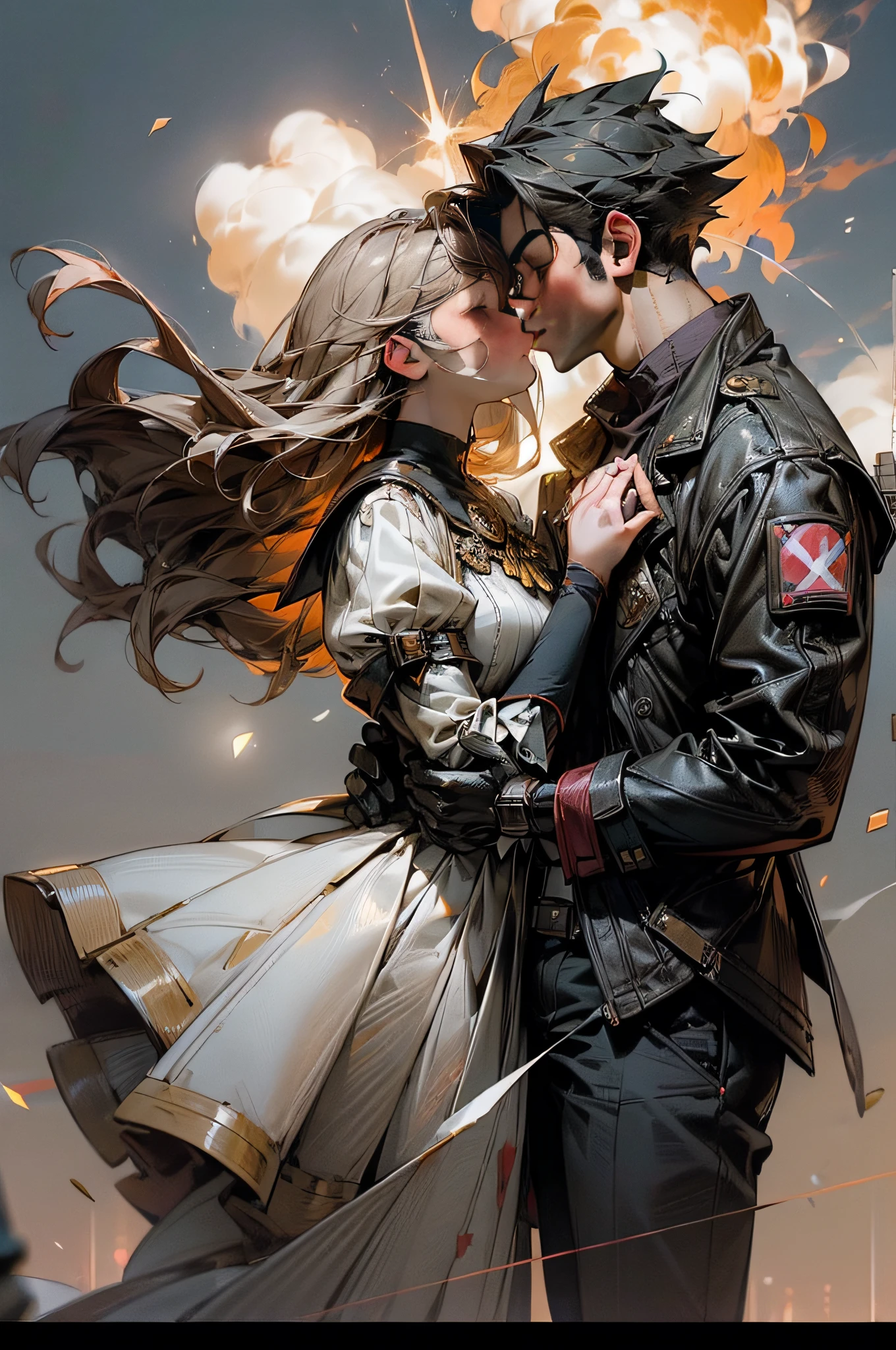 (Romantic couple kissing in the wind:1.5),a young man and a woman,Being in the air,gliding,In the distance is the explosion of the nucleus,Close-up of the chest above,movie picture quality,8K,Light,k hd,Battle explosion,laser,Exploding mushroom cloud。Minami Kojima