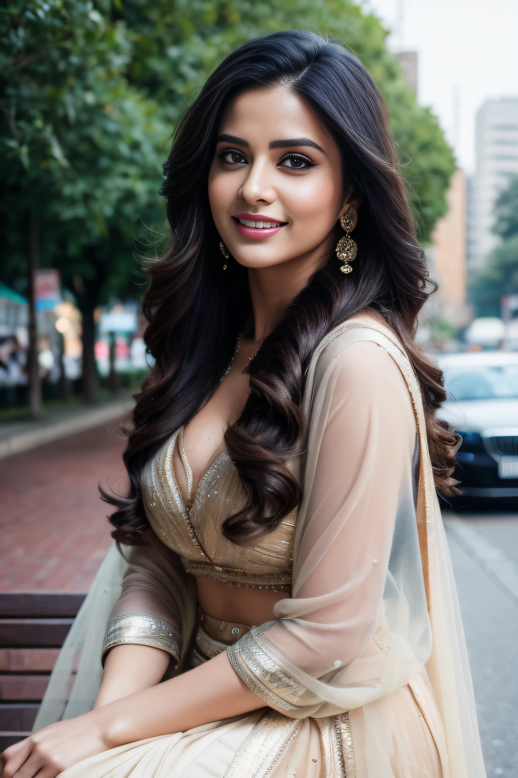 Portrait of A confident-looking Indian woman with long flowing hair, hazel eyes, with flowing capes, sitting in the park, wearing saree, cute smile on face, city streets background, bokeh, with perfect composition, hyperrealistic, super detailed, 8k, high quality, trending art, trending on artstation, sharp focus, studio photo, intricate details, highly detailed, art by greg rutkowski