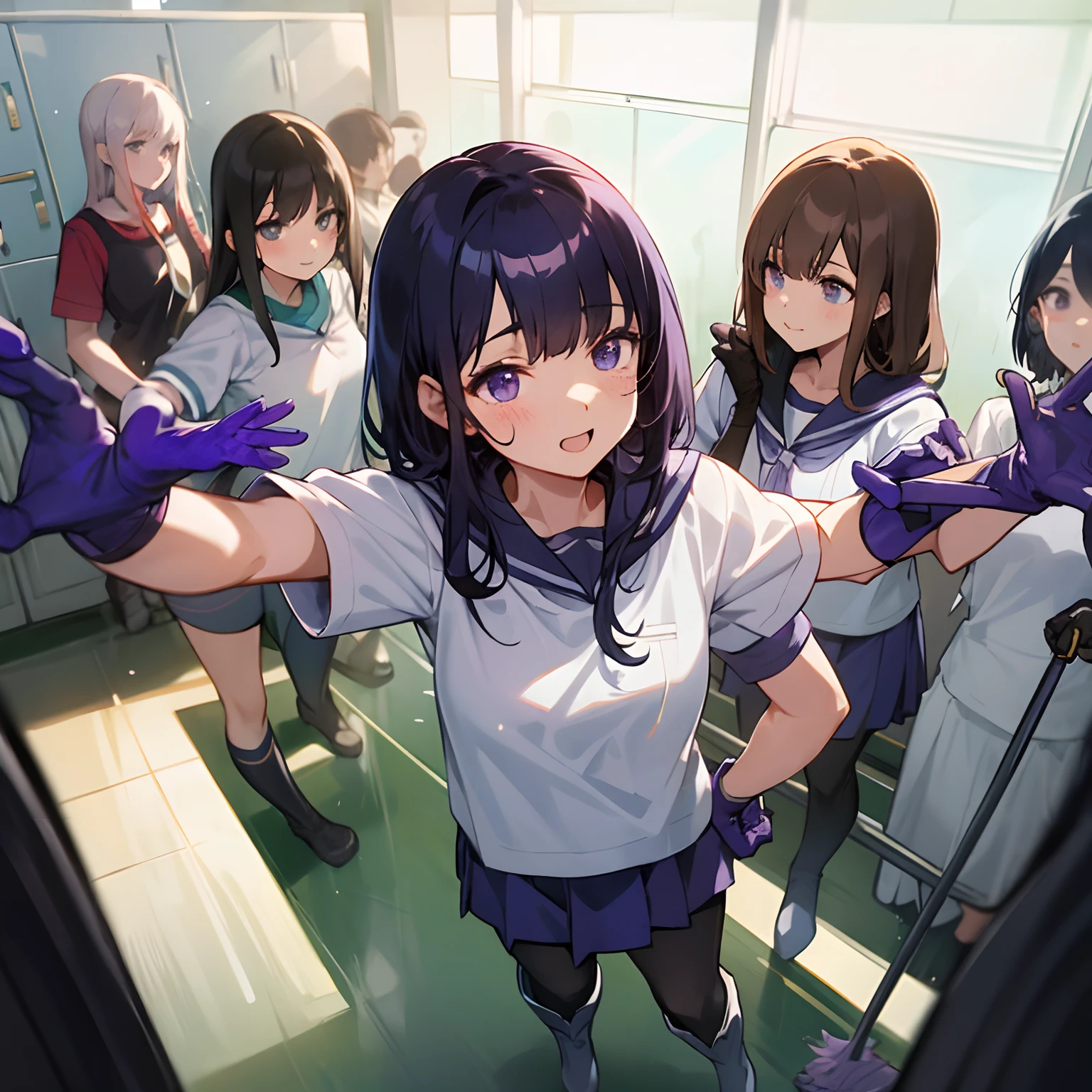 (masuter piece、hightquality)、multipel Girls、hi-school girl、Locker room in the gymnasium、(white panties)、white t-shirts、(Group Selfies)、Dark hair、Enamel gloves、Purple enamel gloves、Purple enamel gloves、long rubber gloves in purple color,,,、Glossy purple gloves、whole body soaked、long boots、boot、Nasty face、Bully、cleaning、Gloves are sticky、Getting wet with white liquid、