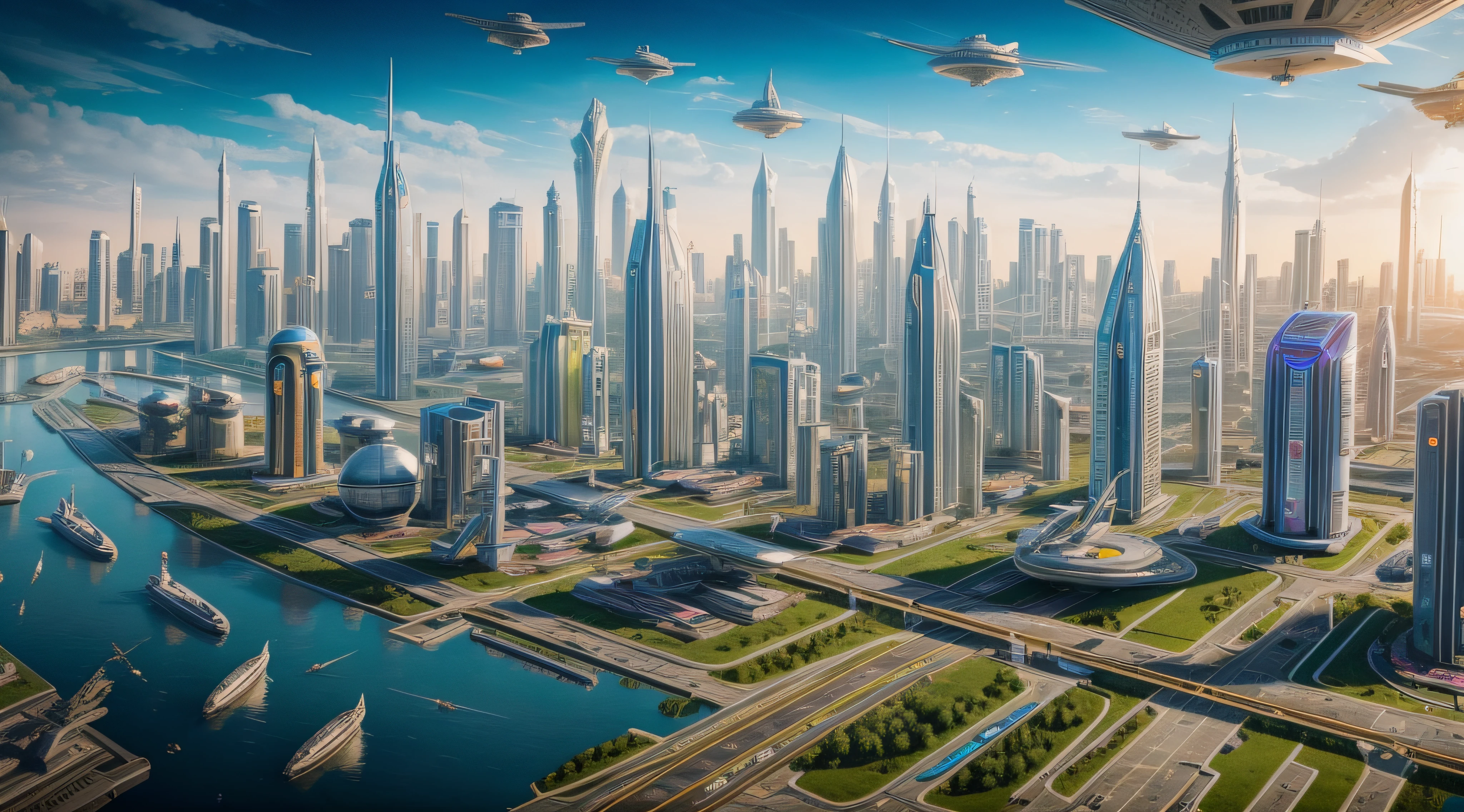 A towering city of the future,sci fi city,The sky is full of densely packed airships,The ground is full of flowers and trees,full of life,A car that can fly in the sky,Come and go,A busy scene,The city of the future,sci fi city,Utopian city,High-tech megacity