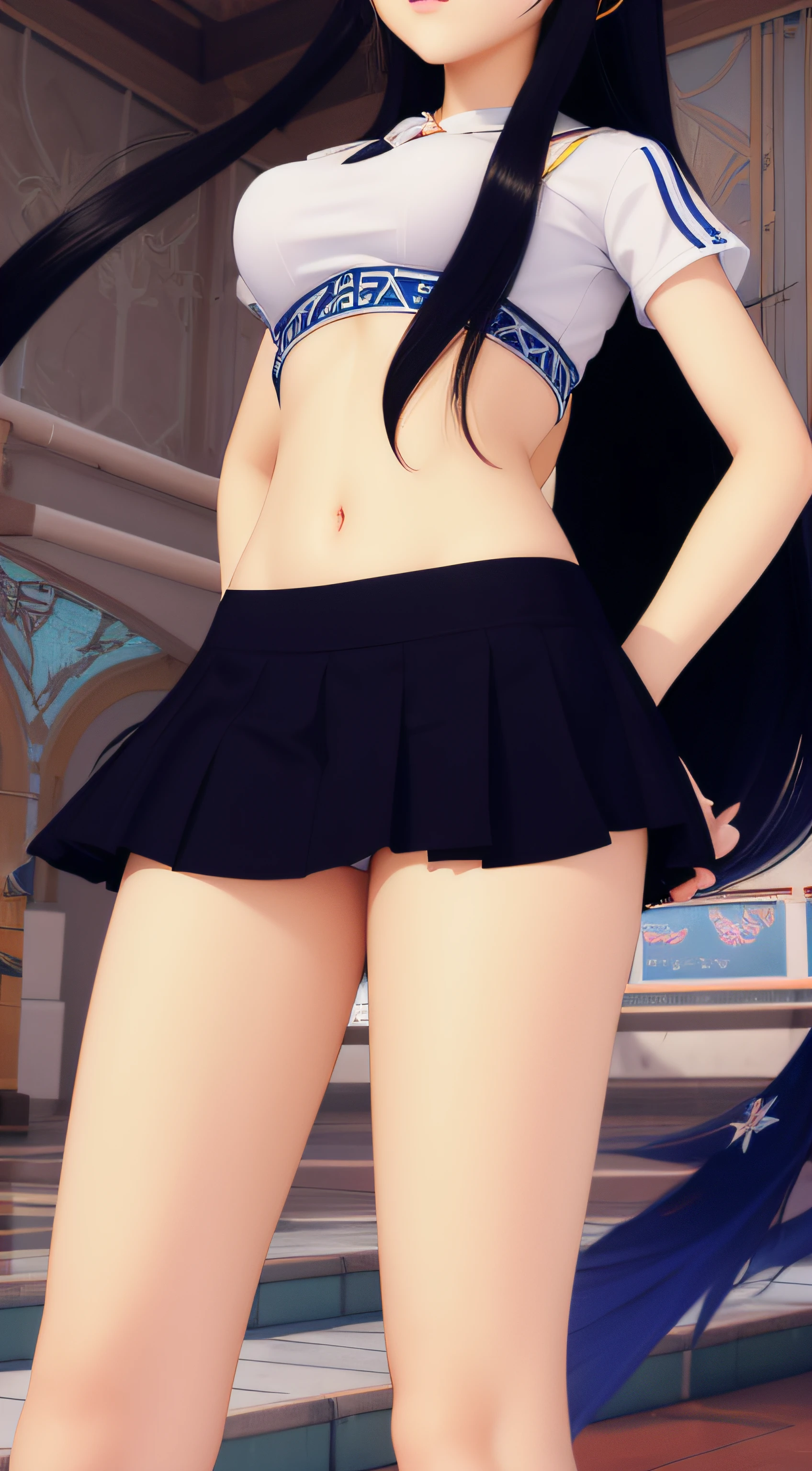 Garota anime na roupa do marinheiro posando em um banheiro com uma espada, Estilo de pista Azur, Fazer videogame Azur Lane, usando saia, close up tiro de meio corpo, corpo inferior close up, Close-up de corpo inteiro, Nico Robin, magical school student uniform, wearing honey - themed miniskirt, Uniforme de marinheiro, small curvy , magic school uniform