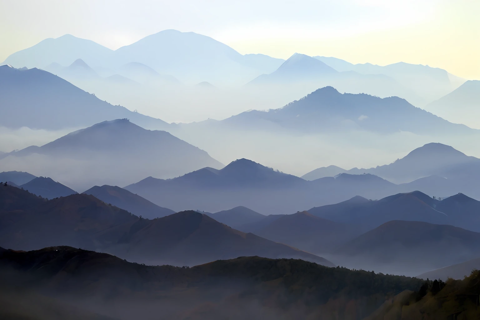 Mountains can be seen in the distance， misty mountains, mountains in fog background, appalachian mountains, mountain scene, mountainous background, mountains surrounding, layered fog, hills and mountains, mountains in the distant, craggy mountains, japan mountains, flowing hills, Mountains, mountain range in background, mountain ranges, thin fog, Mountains in the distance