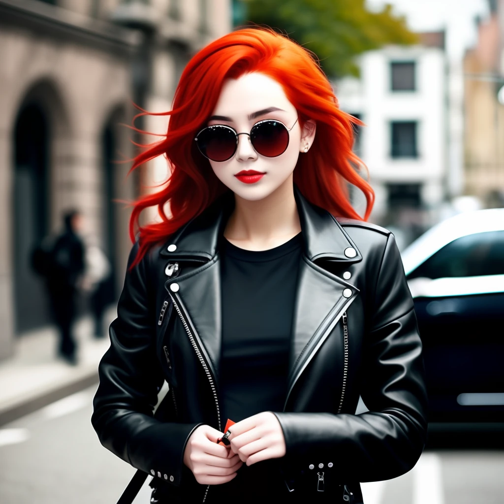 Red-haired stylish girl in round black sunglasses in leather jacket with black wings