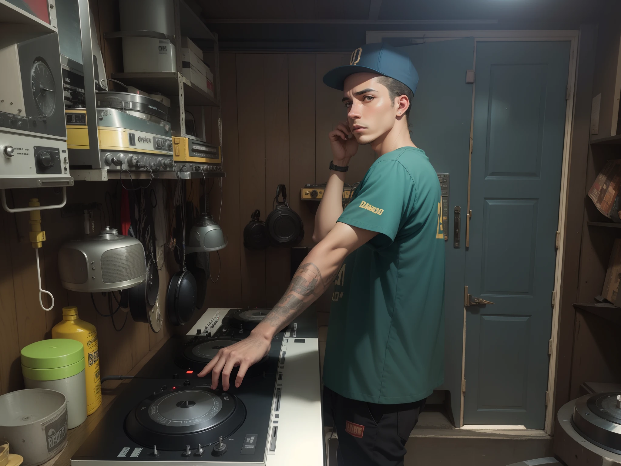 vintage vibe,street photography,retro color grading,face not change,Dj play in studio,snapback