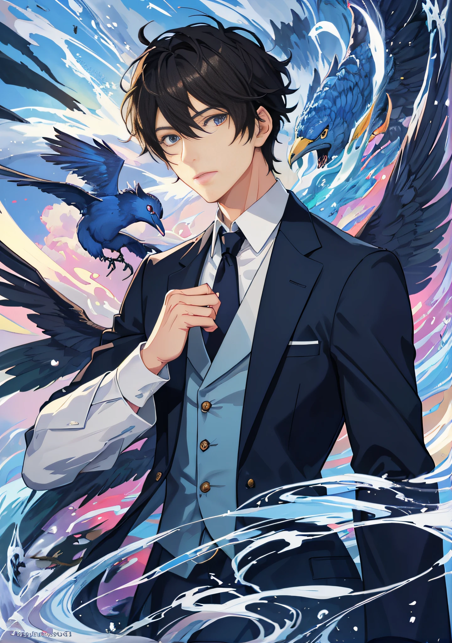The anime character has a bird on his shoulder，dressed in a suit, Tall anime guy with blue eyes, inspirado em Okumura Masanobu, shigenori soejima illustration, Anime handsome man, Handsome anime pose, Anime art wallpaper 8 K, inspired by Okumura Togyu, Detailed digital anime art, highly detailed exquisite fanart, Anime art wallpaper 4 K