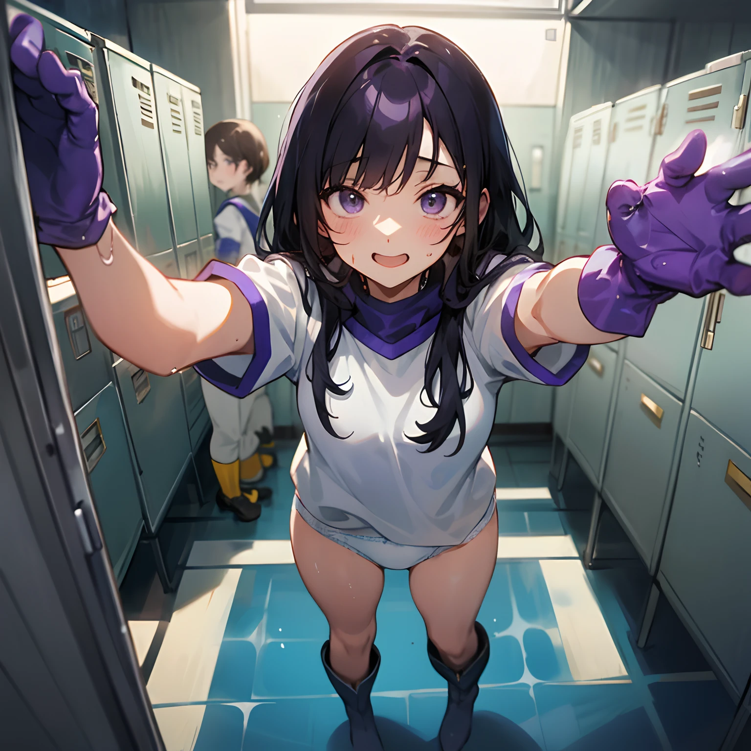 (masuter piece、hightquality)、multipel Girls、hi-school girl、Locker room in the gymnasium、(white panties)、white t-shirts、(Group Selfies)、Dark hair、Enamel gloves、Purple enamel gloves、Purple enamel gloves、long rubber gloves in purple color,,,,、Glossy purple gloves、whole body soaked、long boots、boot、Nasty face、Bully、cleaning、Gloves are sticky、Getting wet with white liquid、