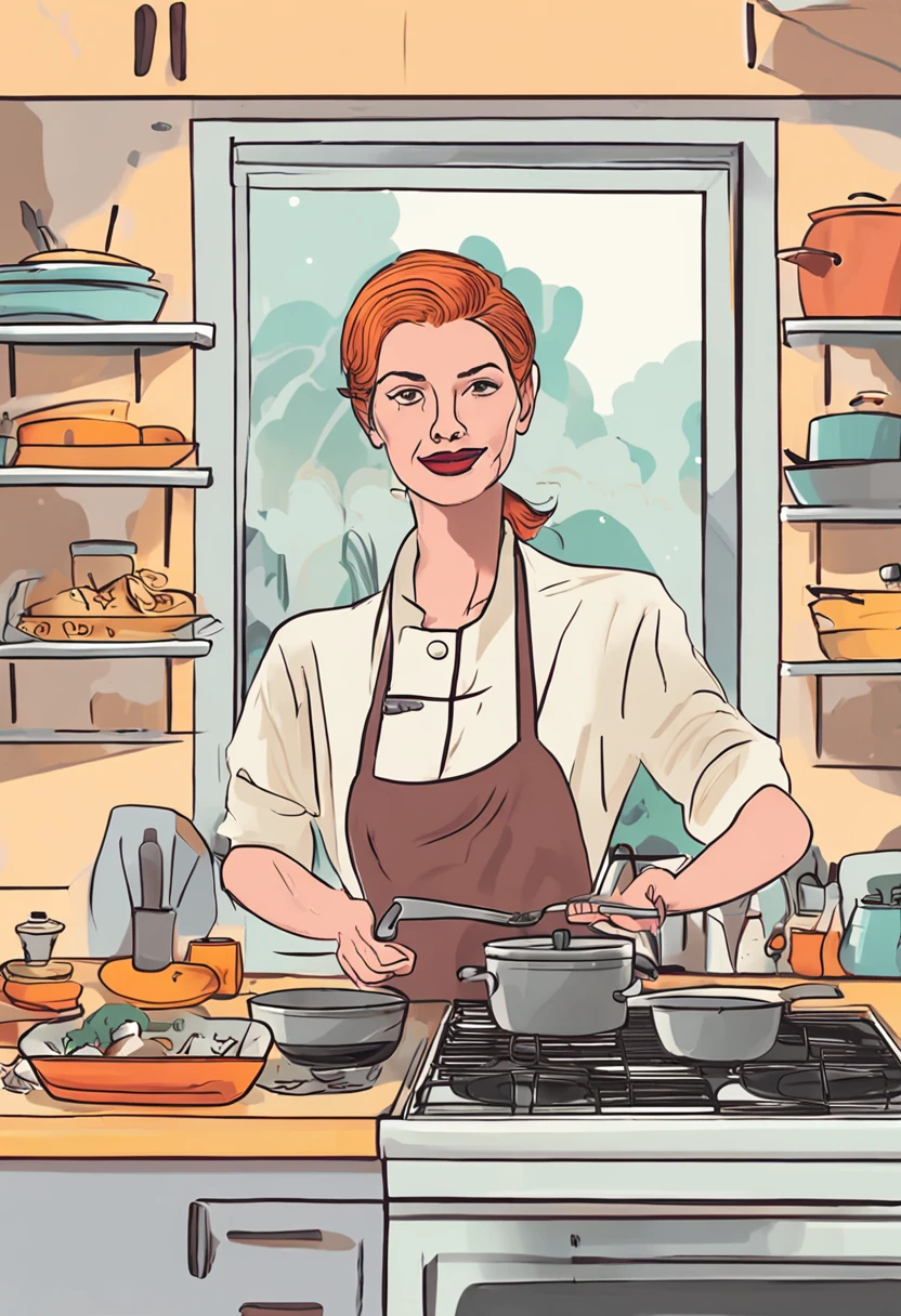 kitchens,Woman cooking,Gilet blanc,White apron,long trousers,Hold the pan in your left hand,Touch your head with your right hand,Background windows let in light,Sunnyday,Background kitchen sink,fluency,small boobs,Cute smile,horse tailed,Bright environment,bust