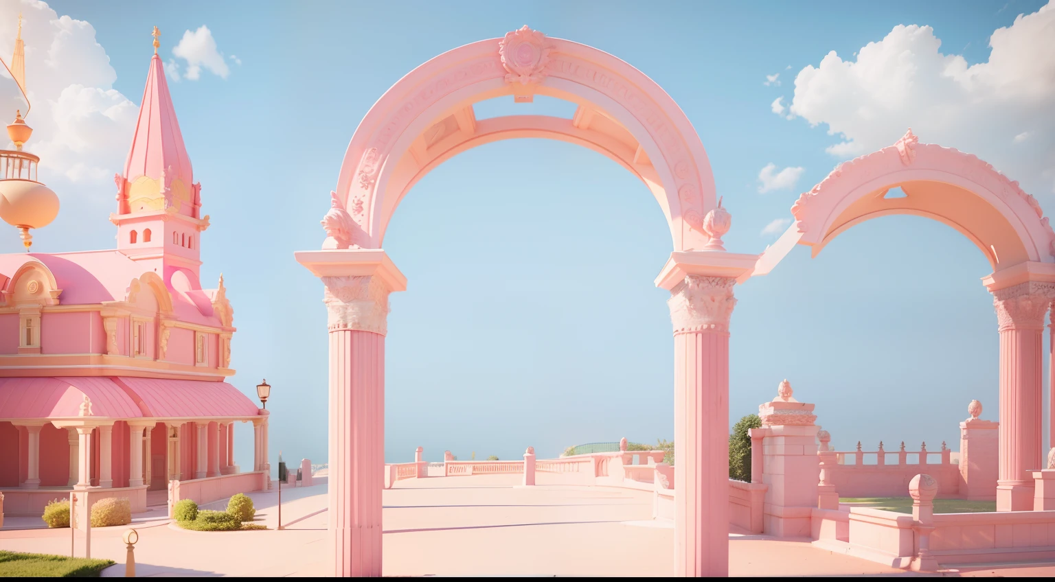 Pink Roman column,Arch Roman column,Pink tones,Pink and yellow castle,Clay effect,highly rendered, 3 d render even lit, arte renderizada, rendered lighting, Render in 3dmax, pre-rendered, 3 d rendered, a 3D render, fully rendered light to shadow, rendered image,An amusement park, well lit 3 d render,