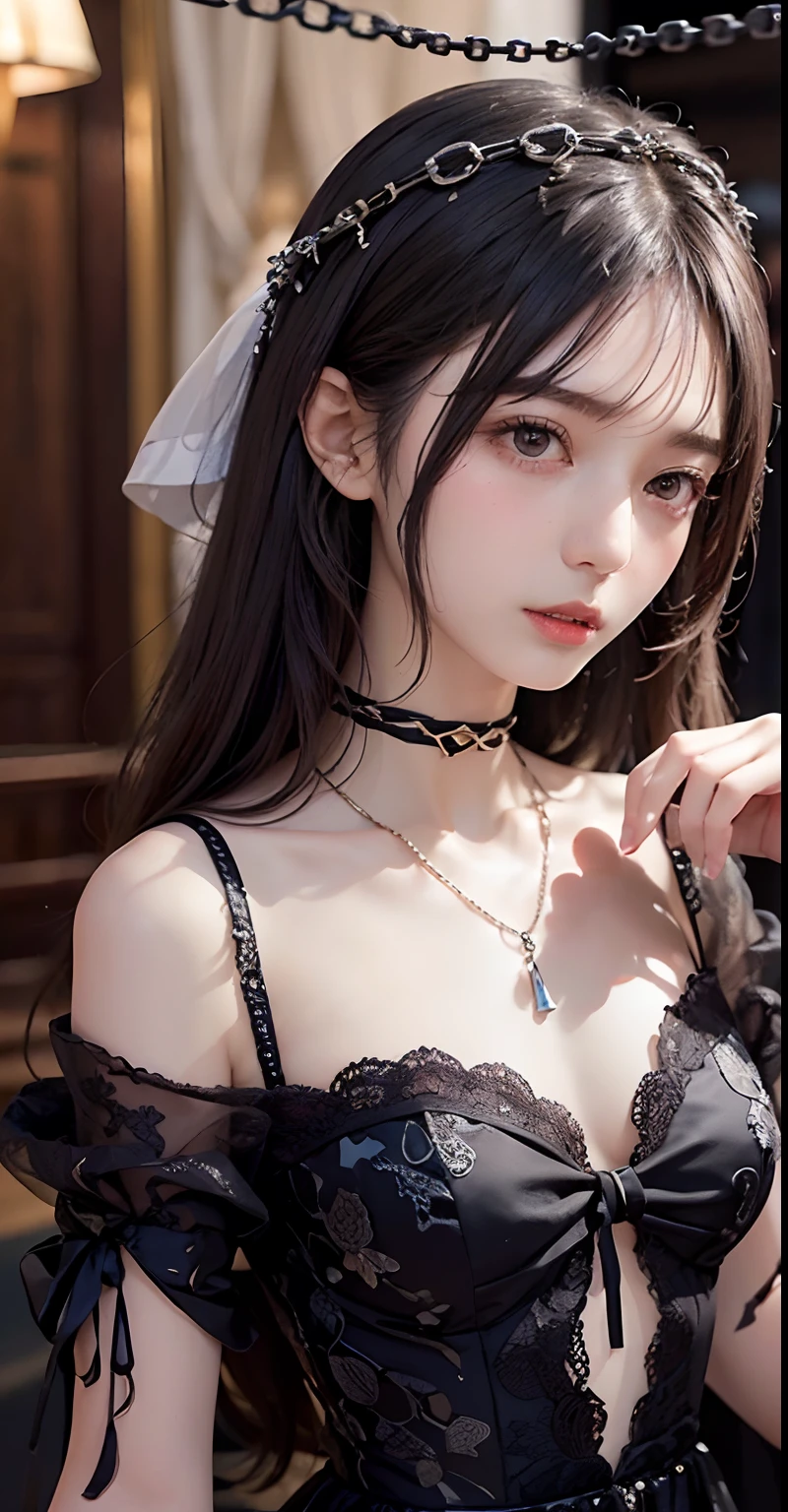 ((top-quality、masterpiece:1.3))、sharp:1.2、Perfect Body Beauty:1.1)、Highly detailed facial and skin texture、Detailed eye、Fantasia、(Pure black dress:1.3)、(chains:1.3)、nighttime scene、二重まぶた、((Longhaire:1.5))、(dark brown hair)、(well-groomed bangs:1.2)、((One Woman))、fantasy castle、tying hair、Black Princess、darkened room、Darkness Falls、The Princess Who Turned Evil、Fallen into evil、Evil Princess、a necklace、Luxurious ornaments、a choker、Obscene dresses、