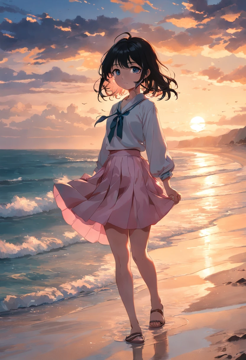 best qualtiy，tmasterpiece，超A high resolution，（真实感：1.4），RAW photogr，Warm lights，Sea and beaches，1girl in，Walking on the beach，White collar blouse，short pink skirt，Sandals，the setting sun，cabelos preto e longos，（slim，Dignified，Shy Expressions），Beautiful teenage girl，beautiful goddess，Detailed scene, beautiful digital illustrations, detaileds，ultra-detailliert, cinematic quality，((From below))