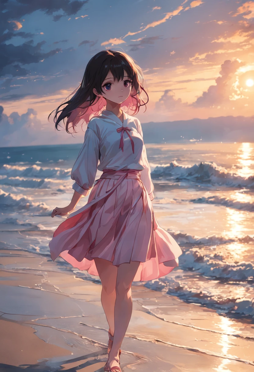 best qualtiy,tmasterpiece,超A high resolution,(真实感:1.4),RAW photogr,Warm lights,Sea and beaches,1girl in,Walking on the beach,White collar blouse,short pink skirt,Sandals,the setting sun,cabelos preto e longos,(slim,Dignified,Shy Expressions),Beautiful age girl,beautiful goddess,Detailed scene, beautiful digital illustrations, detaileds,ultra-detailliert, cinematic quality,((From below))