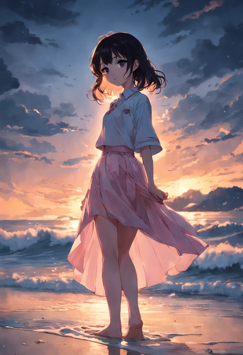 best qualtiy,tmasterpiece,超A high resolution,(真实感:1.4),RAW photogr,Warm lights,Sea and beaches,1girl in,Walking on the beach,White collar blouse,short pink skirt,Sandals,the setting sun,cabelos preto e longos,(slim,Dignified,Shy Expressions),Beautiful teenage girl,beautiful goddess,Detailed scene, beautiful digital illustrations, detaileds,ultra-detailliert, cinematic quality,((From below))
