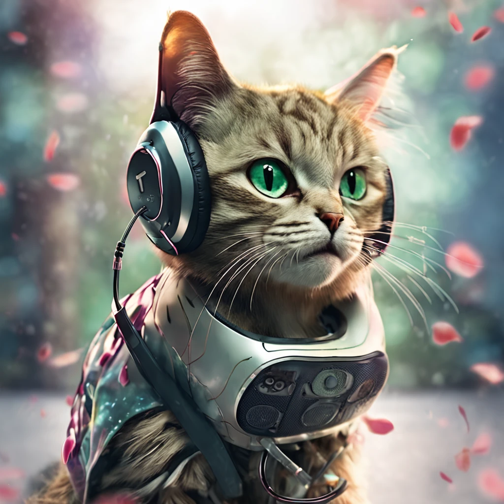 Perfect centering, Cute cat, Wearing a jacket，American short cat，green-eyed，Rose flower, Wearing headphones, cheerfulness, Standing position, Abstract beauty, Centered, Looking at the camera, Facing the camera, nearing perfection, Dynamic, Highly detailed, smooth, Sharp focus, 8K, high definition resolution, illustration, Art by Carne Griffiths and Wadim Kashin, White background