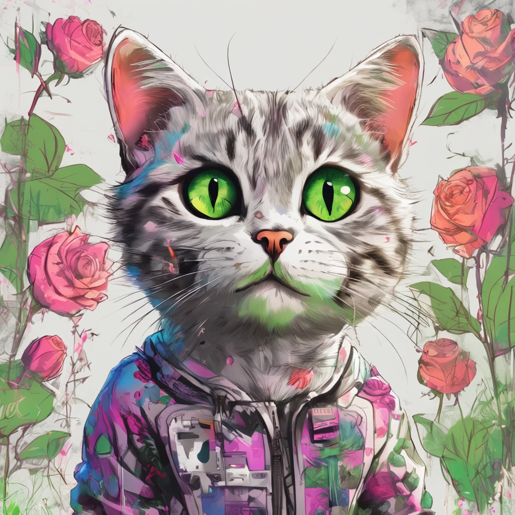 Perfect centering, Cute cat, Wearing a jacket,American short cat,green-eyed,Rose flower, Wearing headphones, cheerfulness, Standing position, Abstract beauty, Centered, Looking at the camera, Facing the camera, nearing perfection, Dynamic, Highly detailed, smooth, Sharp focus, 8K, high definition resolution, illustration, Art by Carne Griffiths and Wadim Kashin, White background