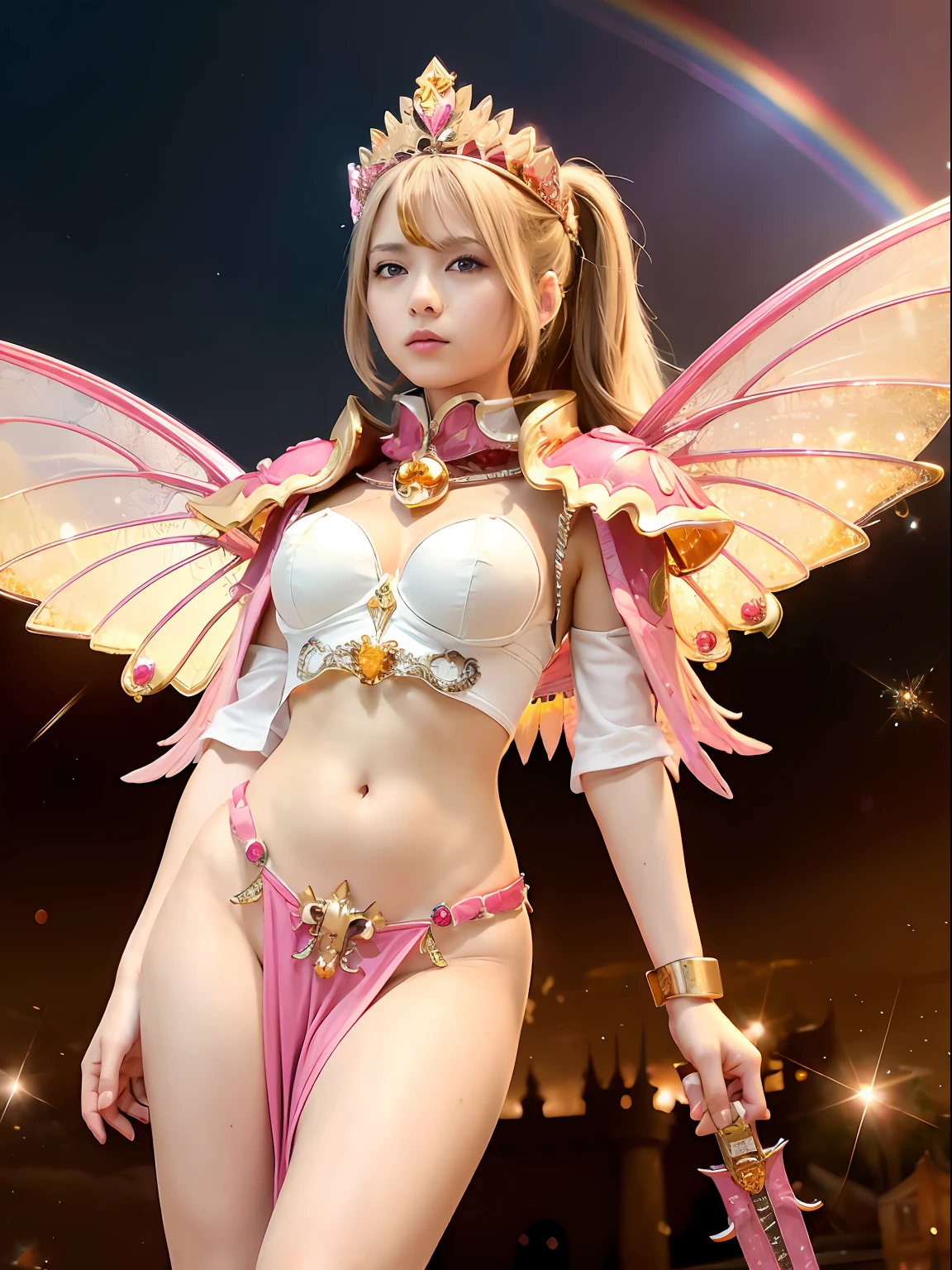 (masutepiece), Professional , ​masterpiece、top-quality、photos realistic , depth of fields （Gemstone Silver Metal Body:1.９),(Matte Pink、Jewel Gold Weapon、（Gorgeous castle background）、（ultimate beauty girl）、（Rainbow fairy wings grow）、Particles of light、（Jewel Metal Body:1.９),Gorgeous Jewel Metal Weapons , Detailed Sword of the Brave ,（ a blond）   ,warhammer 40k , adepta sororitas,Detail and ornate jewel crown、独奏、Brown hair、（Gangle's forest background）、Beautiful Caucasian beauty、１a person、dynamic ungle,(((Diamond tiara with detail and luxury)))、a small face、Powerful poses、（Gorgeous castle background）、huge filesize、20 year old beautiful woman、Stand in the center of the screen、Thin female fingers、Straight long hair、Beautiful Caucasian beauty、（maikurobikini）、Hair fluttering in the wind、face forwards、Look at viewers、