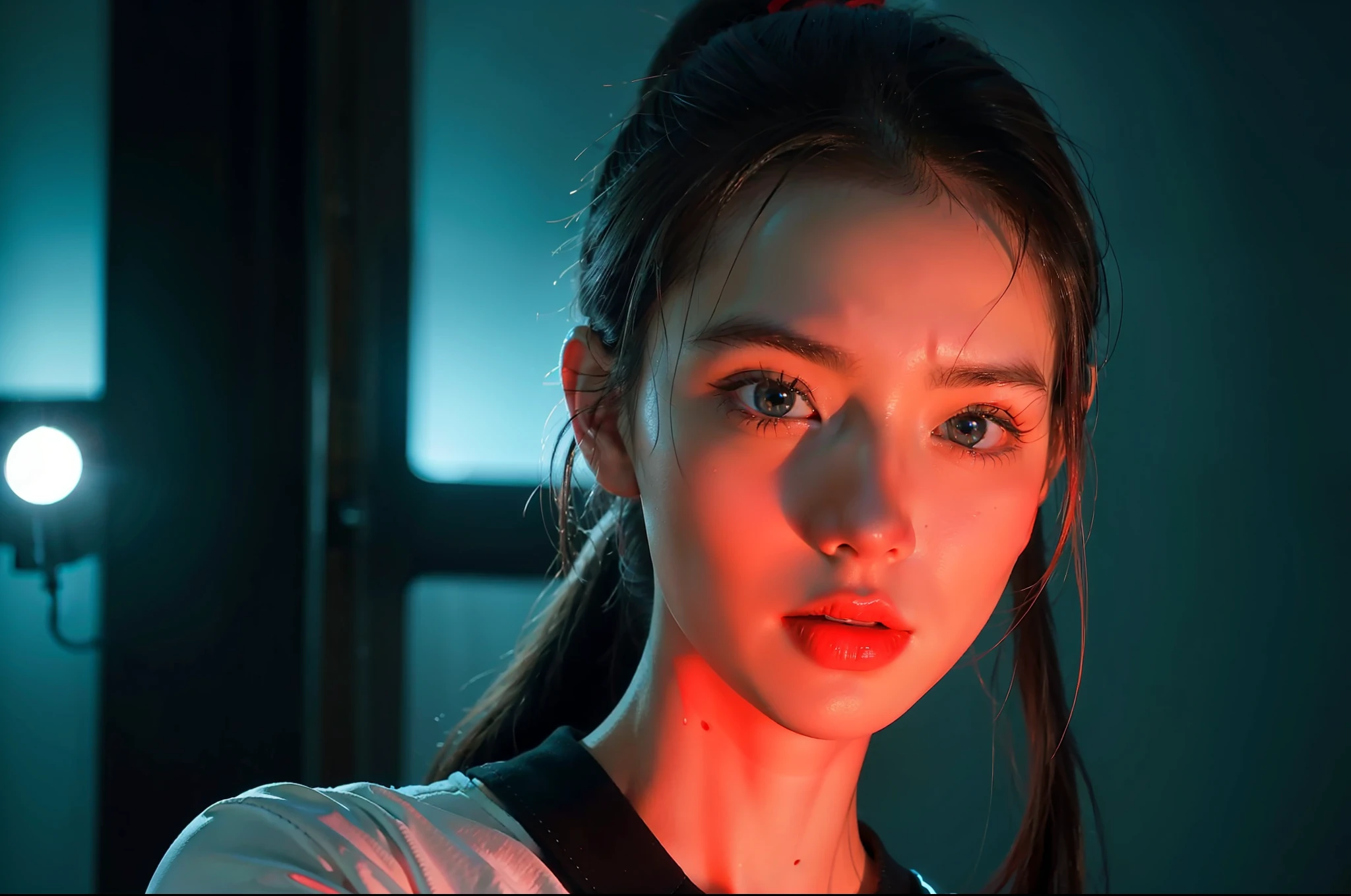 Full body internet girl with ponytail. Bright red indicates that she is an online girl. Clothes like Tomb Raider,But there are skirts. She also has blue eyes. The environment is similar to a terminator. Hair is black. Her face is illuminated by the bright red color on one side of the face. Like LEDs. And both hands also have LED lights.