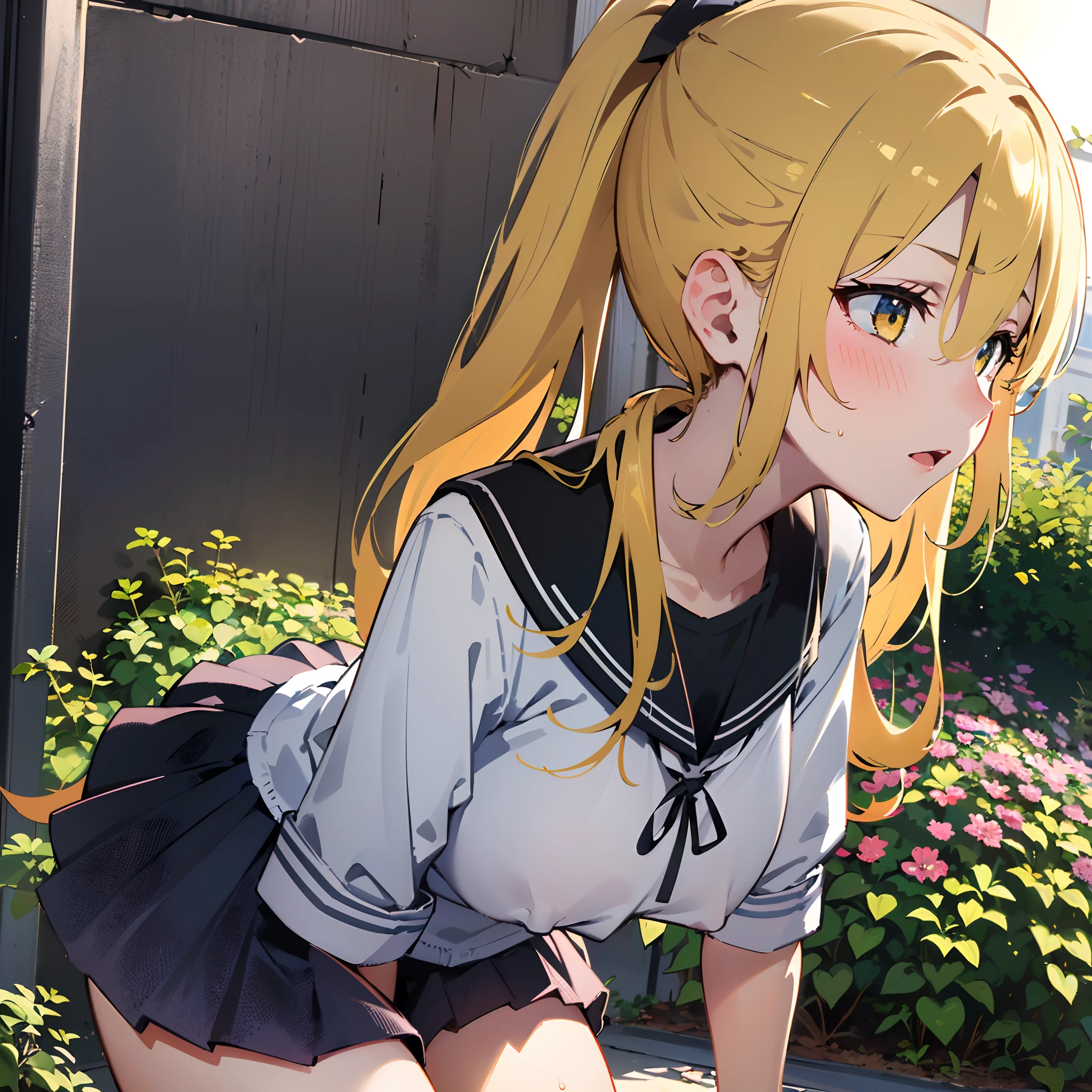 (8K, Best quality, tmasterpiece:1.2),\(eye detailed\),\(Facial features\),(\(Clothes detail details\)\),(huge tit),full bodyesbian,(Facial focus) ,Very detailed CG unity 8K wallpaper,hugefilesize,ultra - detailed,A high resolution,absurderes,beautidful eyes,Ray traching,dramatic shadow,finely detailled,Dramatic angles,Hyper-detailing,(1 girl:1.3),(Solo),schoolgirls ,Single ponytail,Yellow hair,Amber eyes,Wearing(Profiles of current students(Dark shirt and miniskirt)),in the garden,Had to pee
Pee yourself,Face blush,Wet clothes