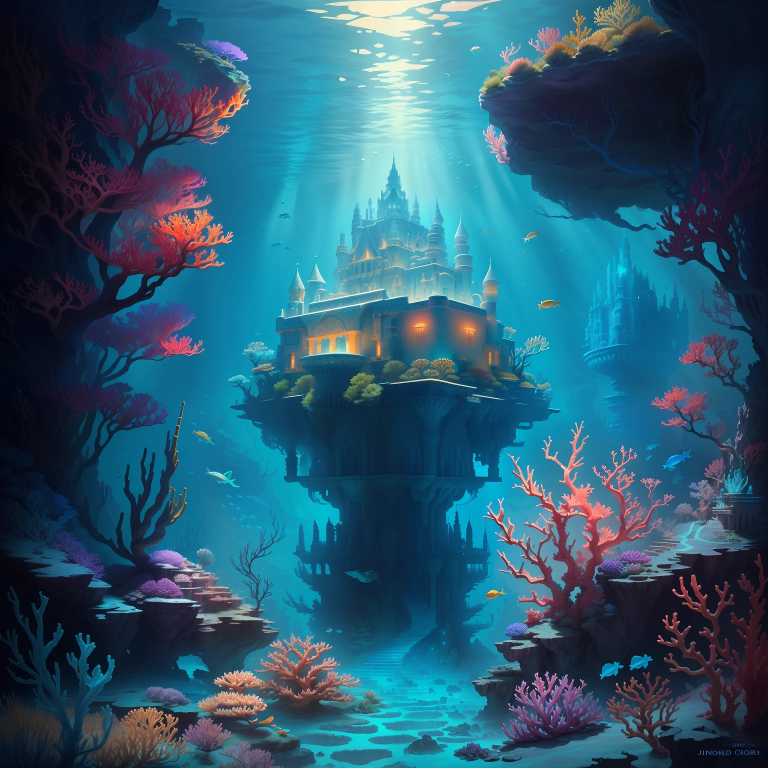 There are pictures of underwater scenes with corals and castles, Undersea temple from the right, jen bartel, Underwater city, Underwater temple with fish, an underwater city, 4K highly detailed digital art, Masterpiece underwater scene, a beautiful artwork illustration, undersea environment, Aquatic monastery, underwater environment, realistic fantasy illustration, Highly detailed digital painting